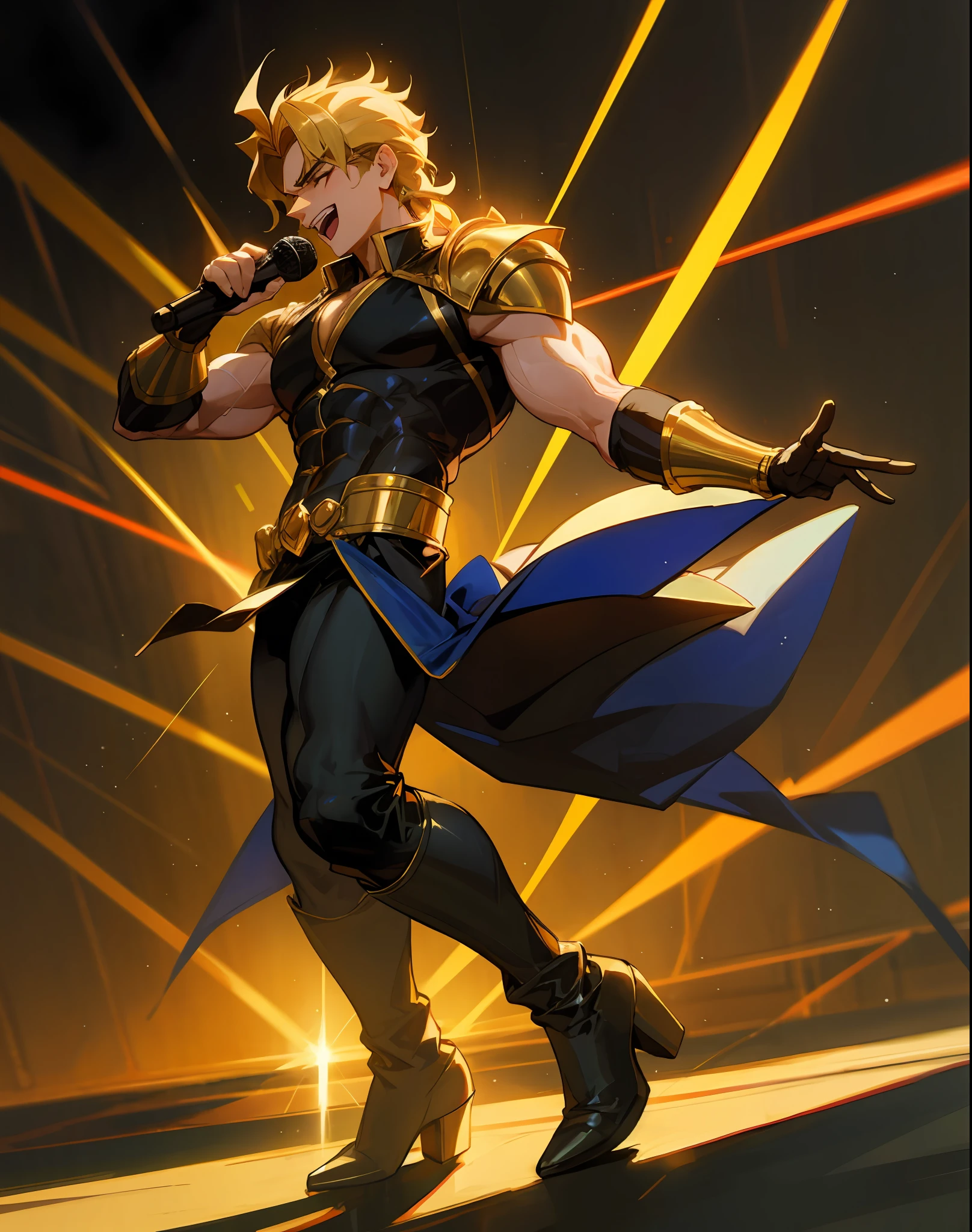 Dio Brando, muscular, happy, smiling, singing, dynamic pose, front view, (bare chest:vampire armor:0.7), (black leather pants:0.8), (embroidered boots:0.75), stage performance atmosphere, dynamic light and shadow effects]