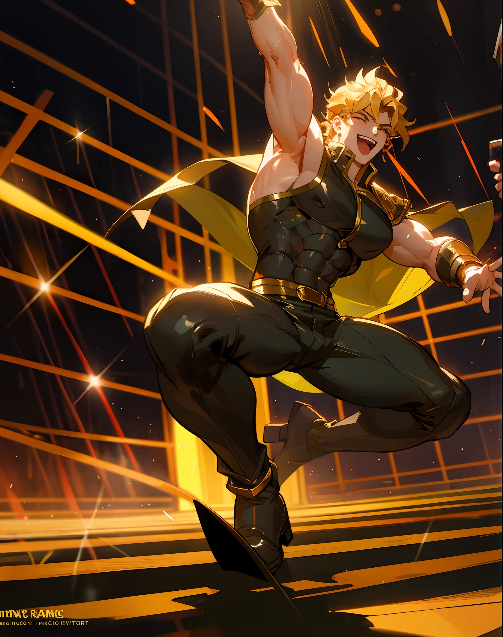 Dio Brando, muscular, happy, smiling, singing, dynamic pose, front view, (bare chest:vampire armor:0.7), (black leather pants:0.8), (embroidered boots:0.75), stage performance atmosphere, dynamic light and shadow effects]