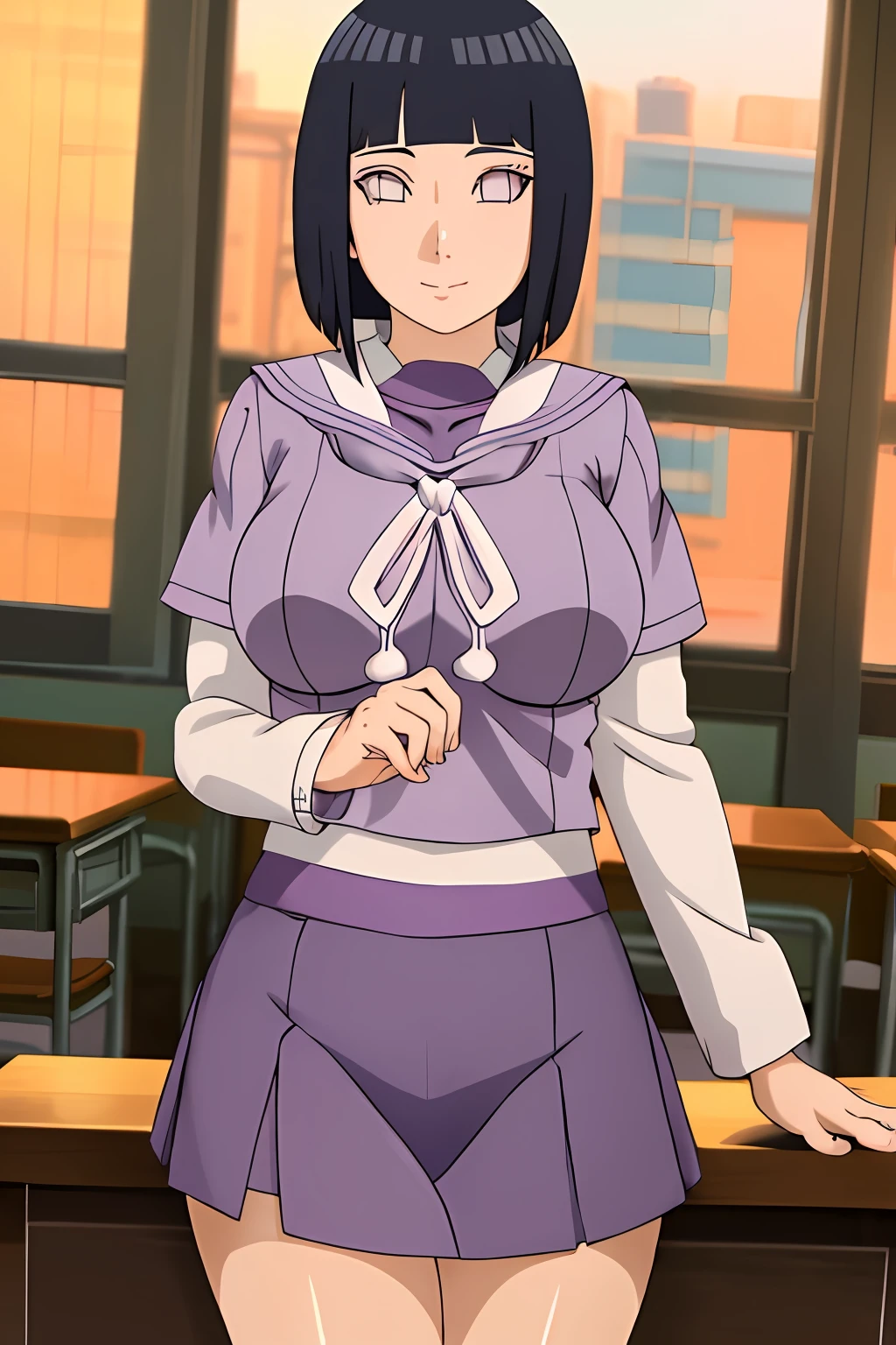 (masterpiece, best quality, anime style:1.3), hinata\(boruto\), mature female, (full body shot:1.05), (school uniform:1.4), standing, classroom, milf, (curvy:0.8), solo, short hair, hime cut, (dark blue hair color:1.1),skirt, zettai ryouiki, white thighhighs,huge breasts, perfect eyes, anime eyes, smoky eyeliner, eyeshadow, perfect face, shy, sharp focus, professional artwork, intricate details, colorful, vibrant colors, vivid colors, Diffused lighting, digital blending, ultra detailed body, ultra detail hair, ultra detail face, trending on pixiv,