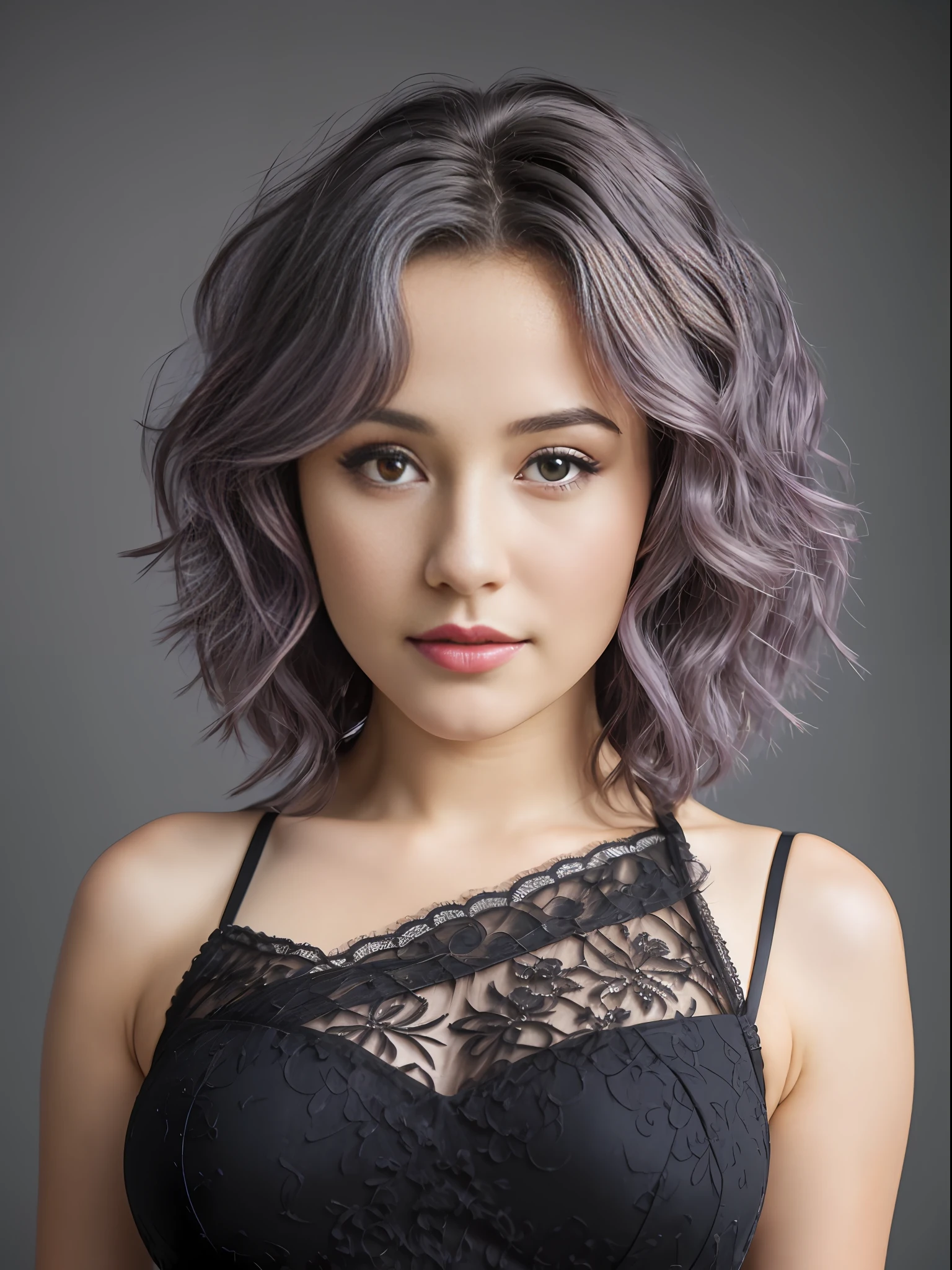 (Best quality, 8k, 32k, masterpiece, UHD: 13), 1 girl, (big tits: 1.2), (short wavy hair), perfect body, tight black dress, elegant dress, perfect girl, perfect face, 1 girl, one body, 1girl on scene, gray infinity background, photo with Nikon camera, 135mm 2.8f, photo studio, gray infinity background, photo studio, photo shoot, purple hair tip, European woman, European features, European face, black dress with lace