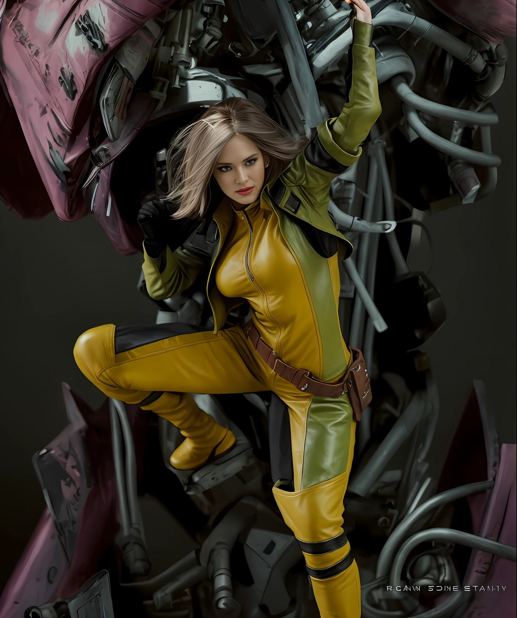 Rogue, x-men, yellow leather suit, straight hair, jens jacket, photo realism.