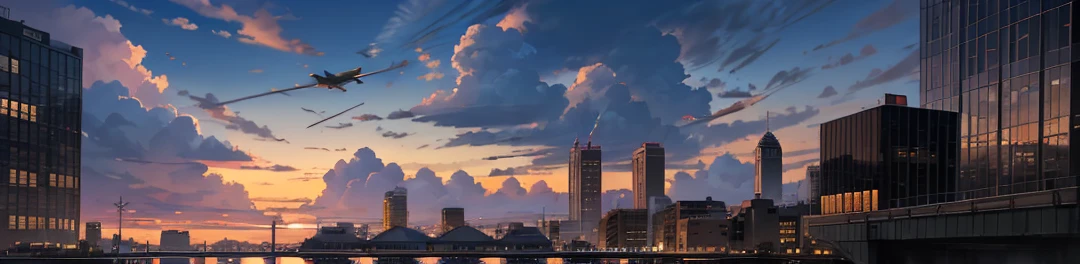 arafed view of a city at dusk with a plane flying in the sky, a picture by Mathias Kollros, reddit, realism, moody sunset in background, dusk sunset in background, sunset in the background, sunset in the distance, sunset in background, buildings in the distance, city sunset, shot with iphone 1 0, blue sky at sunset