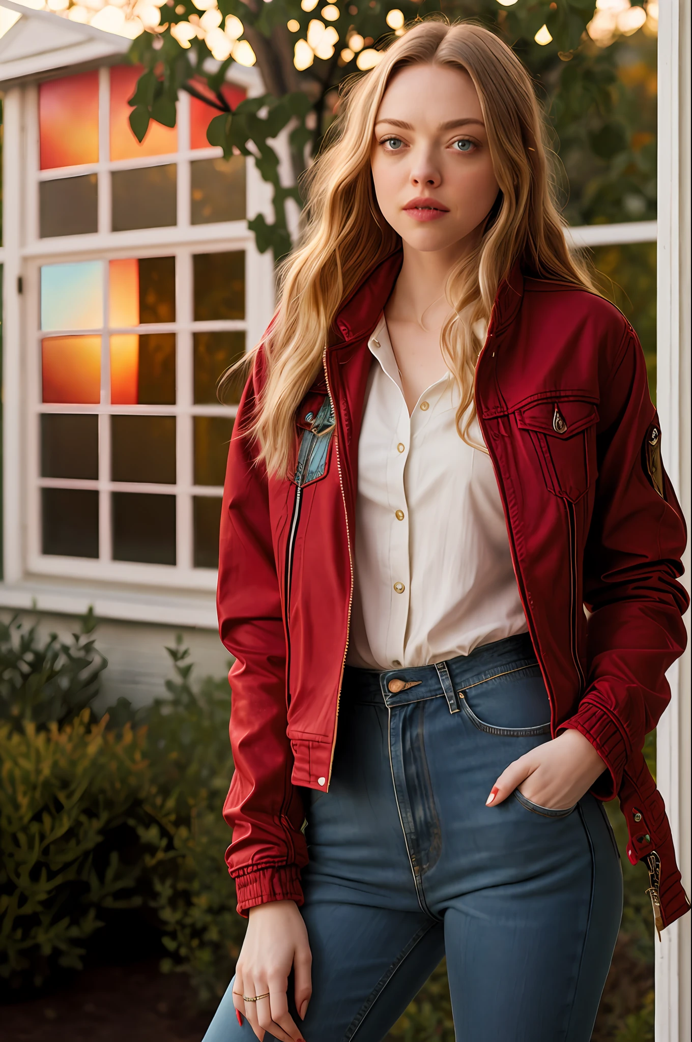 Amanda Seyfried, stained glass house, short crop red jacket, High Waist Jeans, sunset, warm lighting