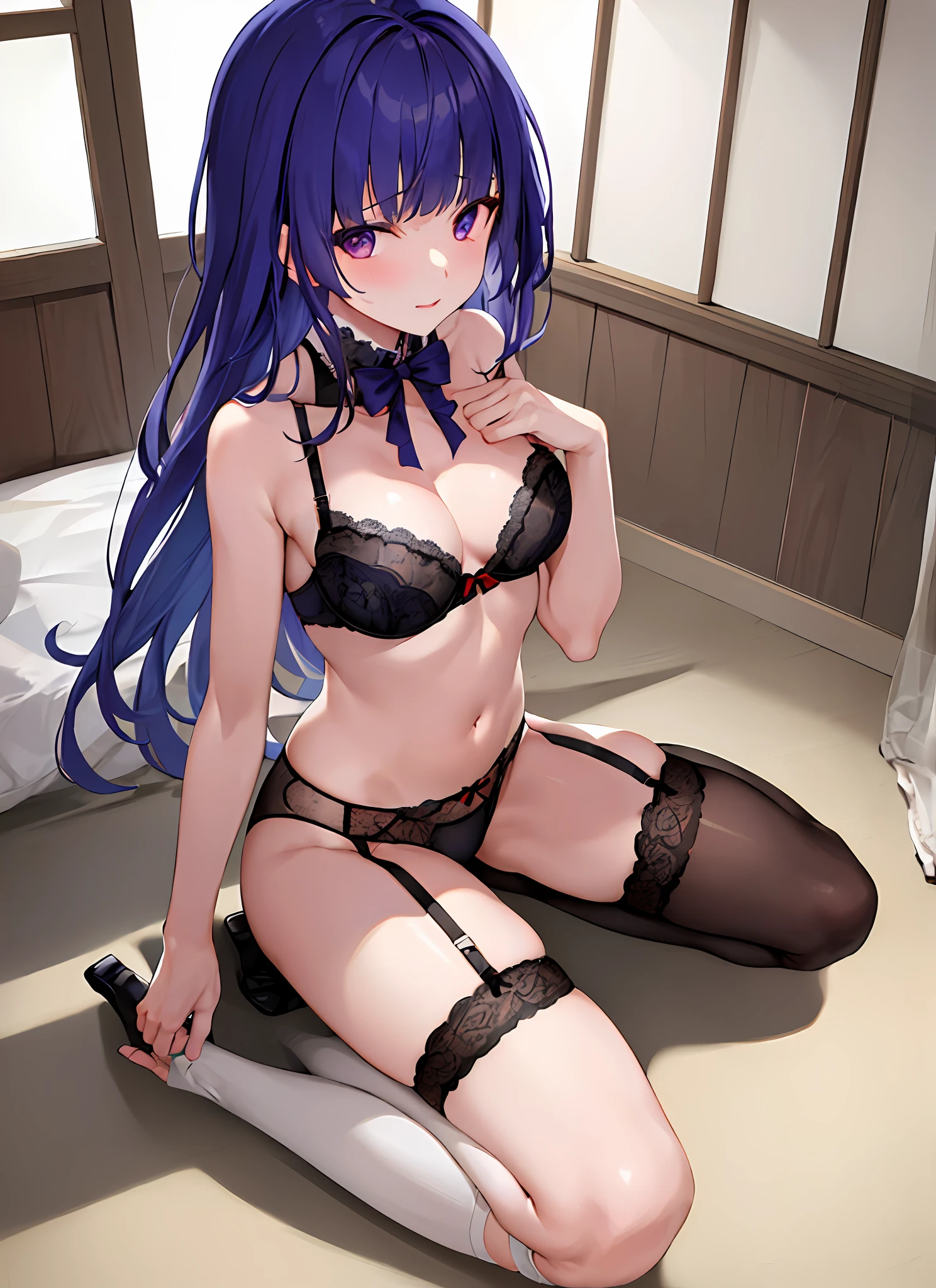masterpiece, best quality, 1girl, solo, raiden_genshin, ,garter belt, panties,bra, kneeling, seiza