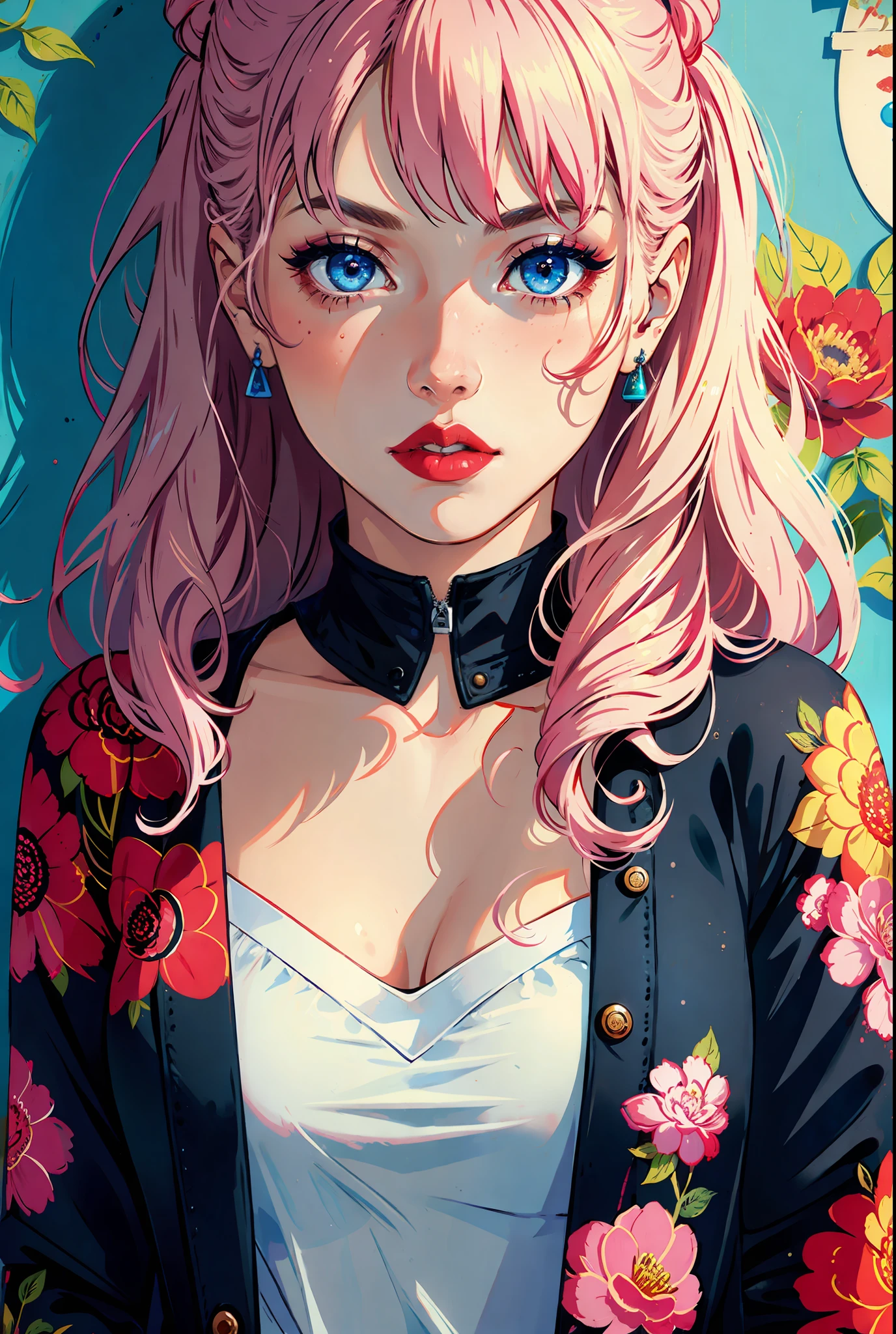 8k, solo, girl, makeup, blush, lipstick, red lips, portrait, realistic, blue eyes, looking at viewer, cat, painting, floral motifs on the wall,