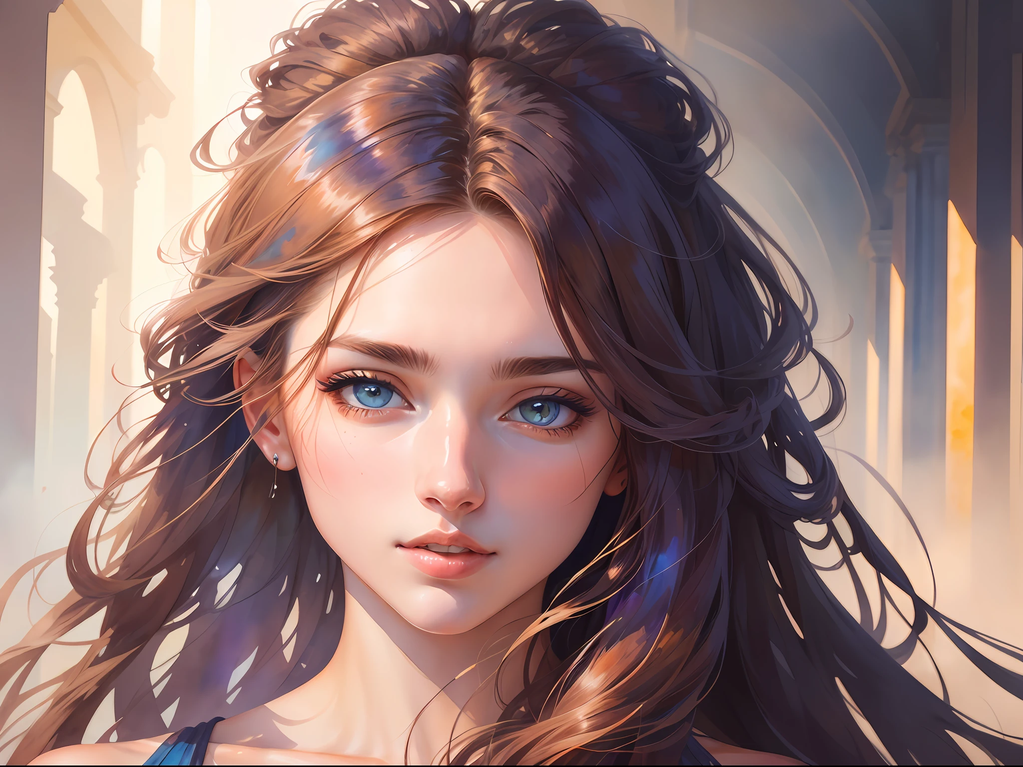 "An absolutely stunning half-body portrait in high-quality watercolor painting, featuring a breathtaking girl with perfect facial features, expressive eyes, and glorious long hair, set in an epic background with the perfect lighting to make everything pop."