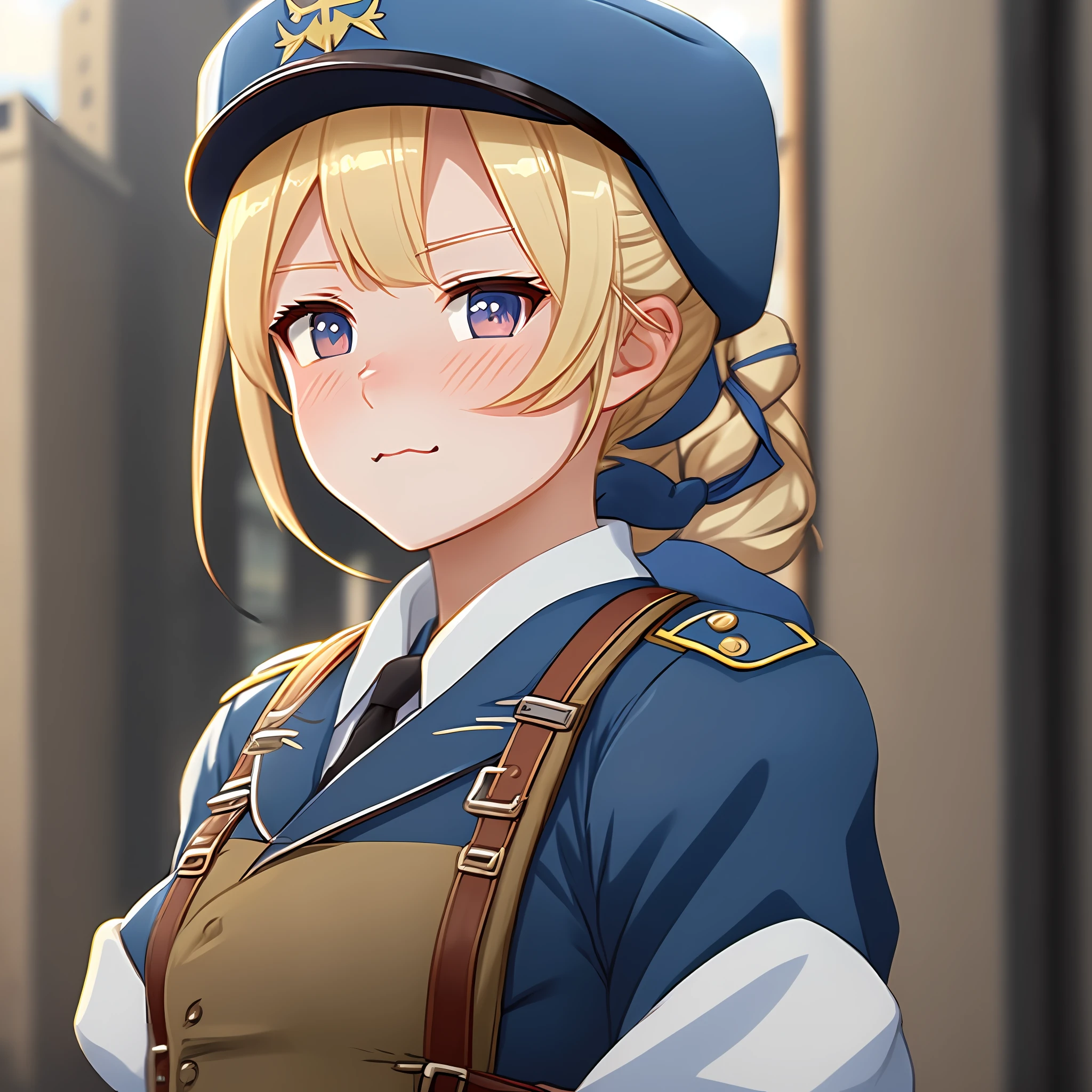 An adorable anime woman with a cute expression, blonde hair, blue eyes, dressed in a WW1 German military uniform, caught in a warzone city from the 1900s. "Anime style", high detail, best quality, panoramic view, cinematic angles.