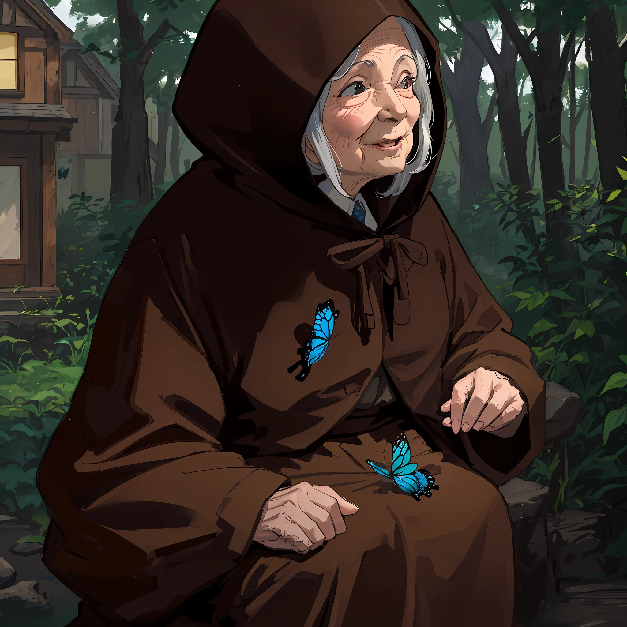 The old woman slightly changes her expression, being happy to observe the butterflies