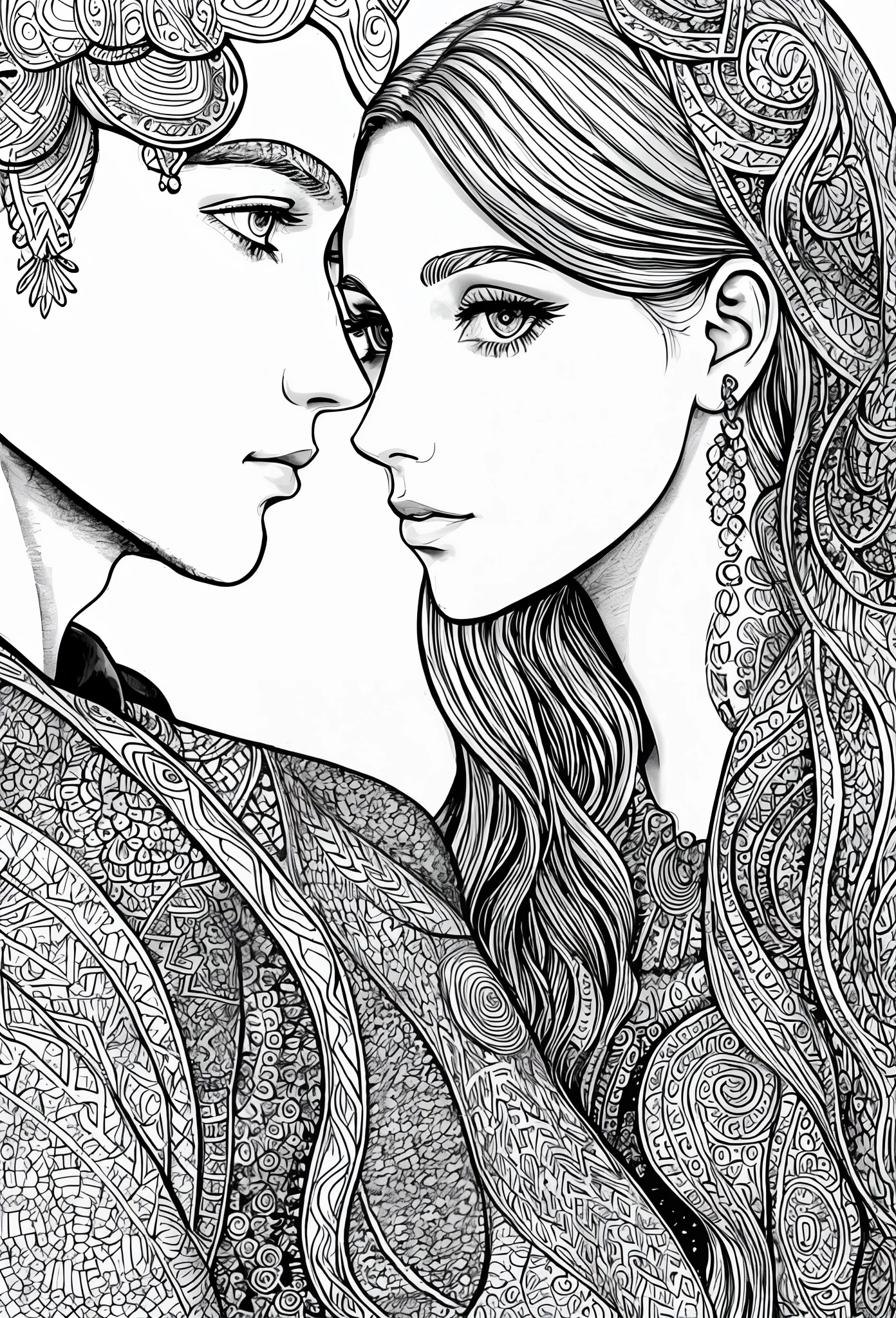 a coloring page with a woman's face and a pattern, kiss between man and woman, close-up of face, only 1face of man and 1face of woman, fine line art, making out, exquisite line art, perfect ink and pen line art, coloring book sketch, ink art