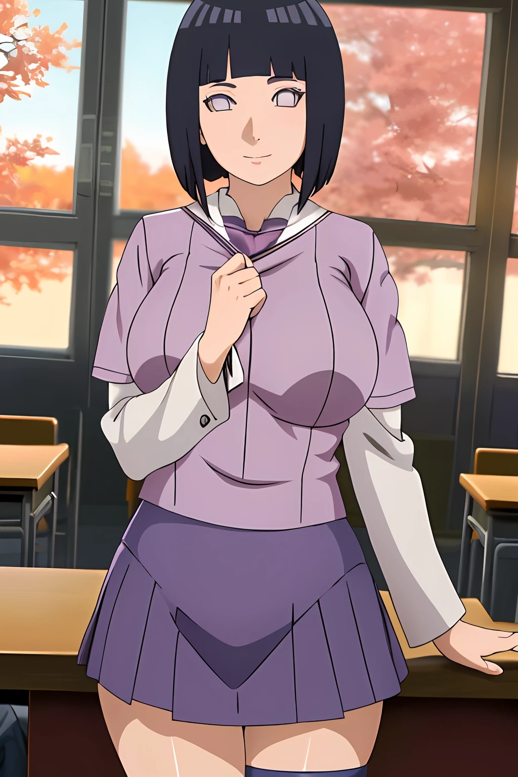 (masterpiece, best quality, anime style:1.3), hinata\(boruto\), mature female, (full body shot:1.05), (school uniform:1.2), standing, classroom, milf, (curvy:0.8), solo, short hair, hime cut, (dark blue hair color:1.1),skirt, zettai ryouiki, white thighhighs,huge breasts, covered breasts, perfect eyes, anime eyes, eyeshadow, perfect face, shy, sharp focus, professional artwork, intricate details, colorful, vibrant colors, vivid colors, Diffused lighting, digital blending, ultra detailed body, ultra detail hair, ultra detail face, trending on pixiv,