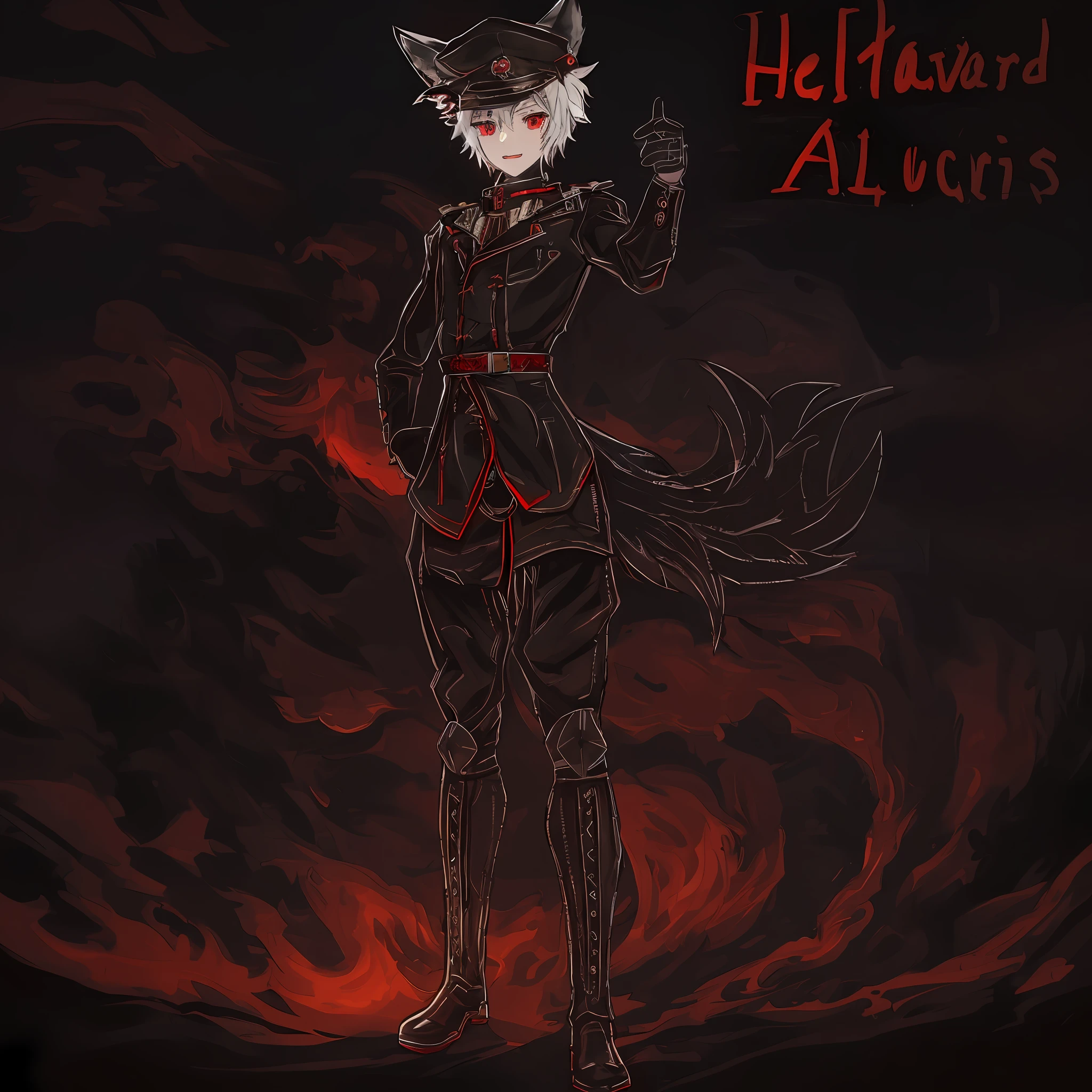 black coat, brown pants, black boots, white hair, red eyes, wolf ears, wolf tail, peaked general cap, fire, hell, 1boy, masterpiece, HD, vibrant, dark atmosphere