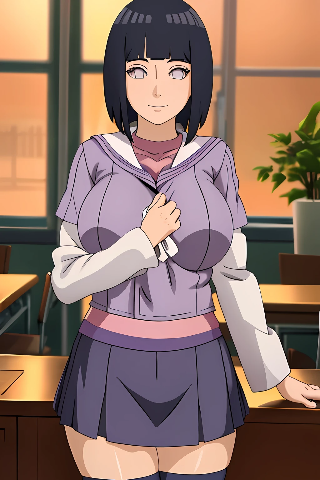(masterpiece, best quality, anime style:1.3), hinata\(boruto\), mature female, (full body shot:1.05), (school uniform:1.2), standing, classroom, milf, (curvy:0.8), solo, short hair, hime cut, (dark blue hair color:1.1),skirt, zettai ryouiki, white thighhighs,huge breasts, covered breasts, perfect eyes, anime eyes, eyeshadow, perfect face, shy, sharp focus, professional artwork, intricate details, colorful, vibrant colors, vivid colors, Diffused lighting, digital blending, ultra detailed body, ultra detail hair, ultra detail face, trending on pixiv,
