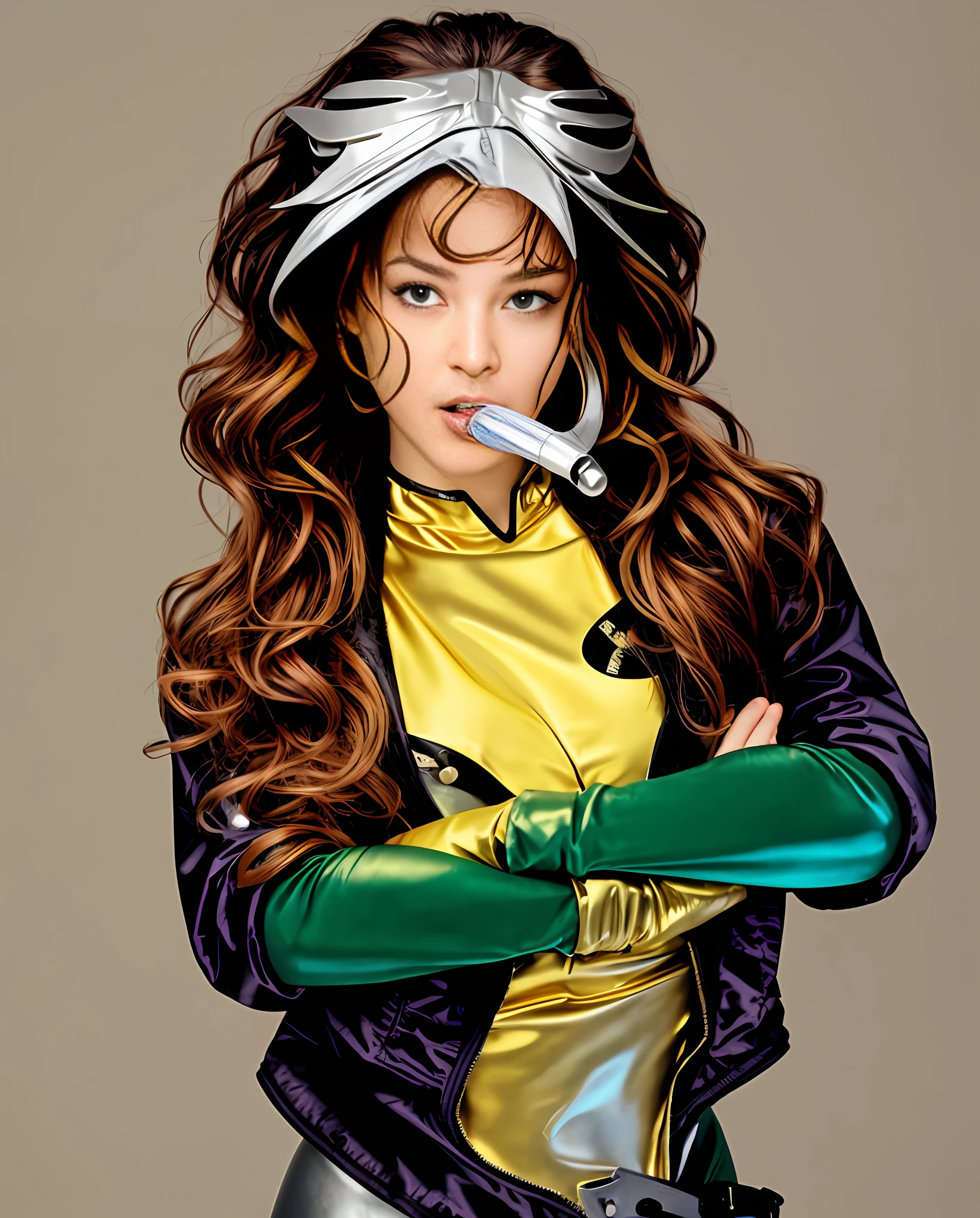 Rogue, curly hair, metallic suit, a letter in her mouth.