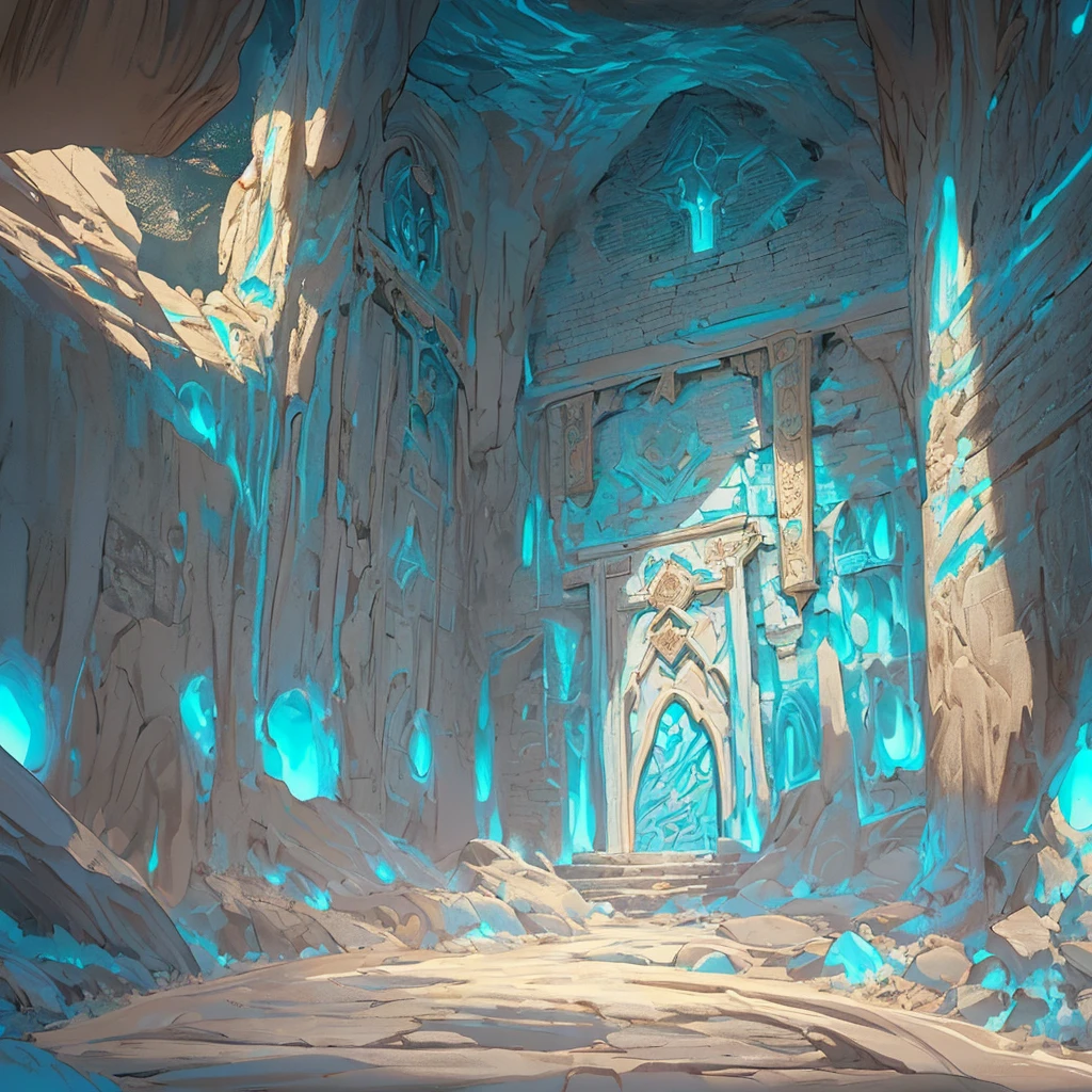 (multi-detailed), surreal and delightful lighting in cyan,(magical),(various symbols on the wall),(magic words),(ancient scriptures),(vastness of letters and symbols):0.8, (wall composition), (great depth), (dark and mysterious), (texture of the distinctly highlighted stone):(illuminated cave):0.4