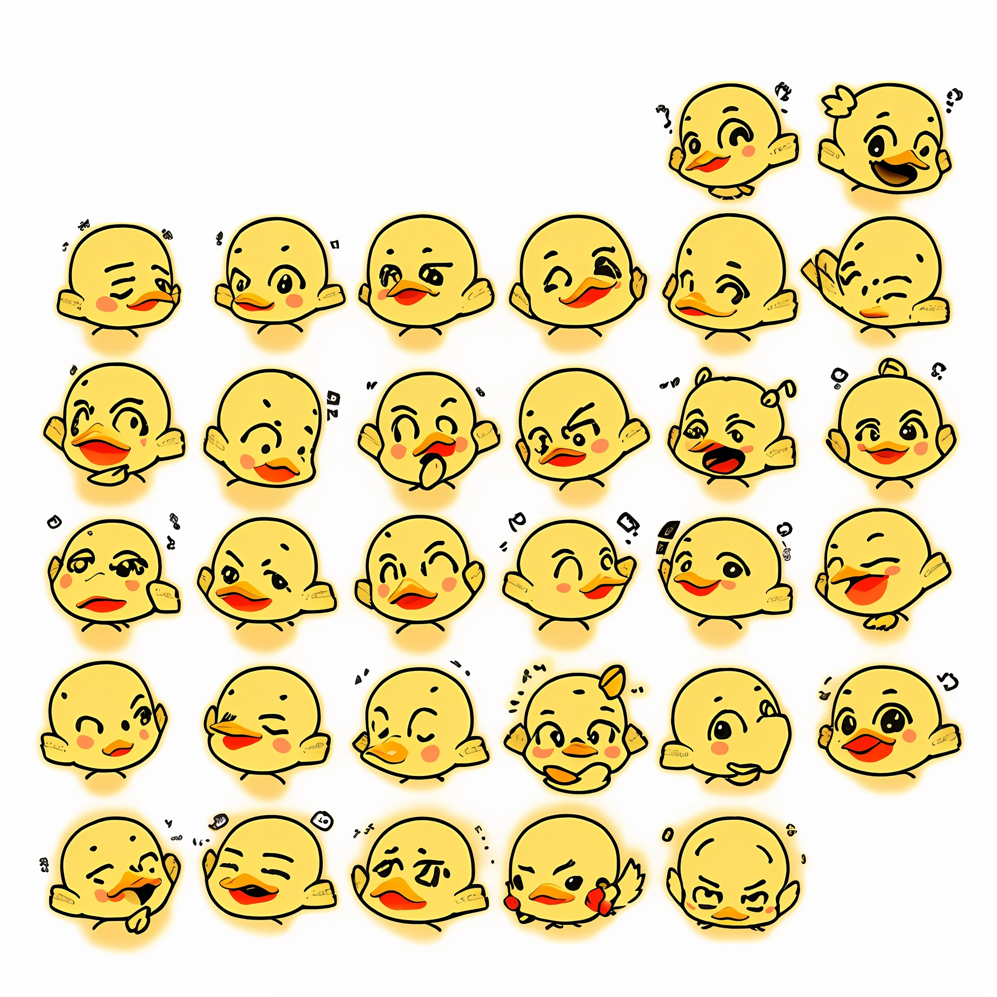 There are many little yellow ducks on a blank piece of paper, different expression expressions, emoji packs, emoji packs. Little yellow duck