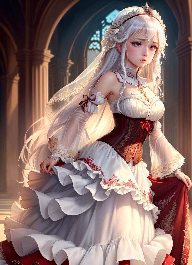 ((extremely detailed CG unity 8k wallpaper)), masterpiece, ultra-detailed, floating, high resolution, sexually suggestive, (petite, absurdly long white hair, princess, white mage, blue eyes, ("ornate long white and red see through layered long dress with long detached wide sleeves and intricate embroidery"), bridal veil, circlet, bridal gauntlets, blushing, shy, arched back, ruffled petticoat, ornate corset, holding dress,