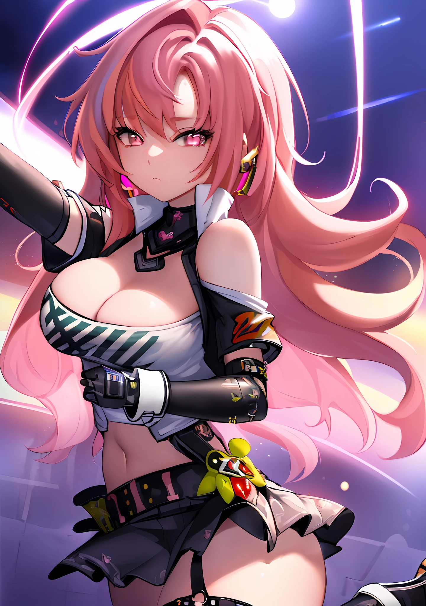 "(ultra-detailed CG illustration), best quality, masterpiece, dreamlike, beautiful, neo city vibe, neon lights, night, high saturation, (1 girl with pink hair:1.3), (dancing:1.1), (K-pop:1.1) stylish, sexy, (Nicole Demara (zzz): 1.2)."