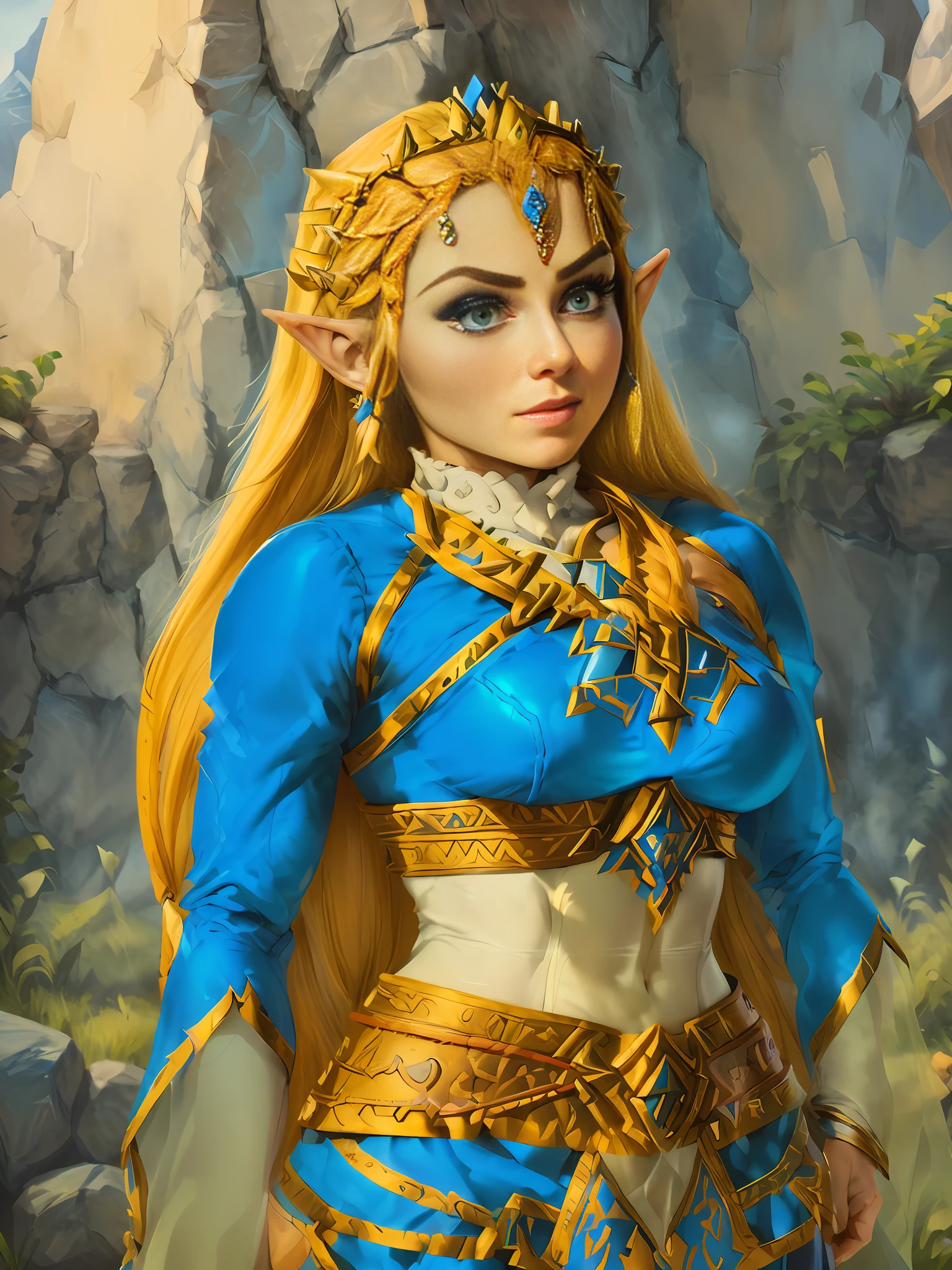 a close up of a cartoon of a woman in a blue dress, portrait of princess zelda, portrait of zelda, zelda botw, botw style, princess zelda, zelda style art, breath of the wild art style, botw, zelda with triforce, zelda, breath of the wild style, a portrait of link, from legend of zelda