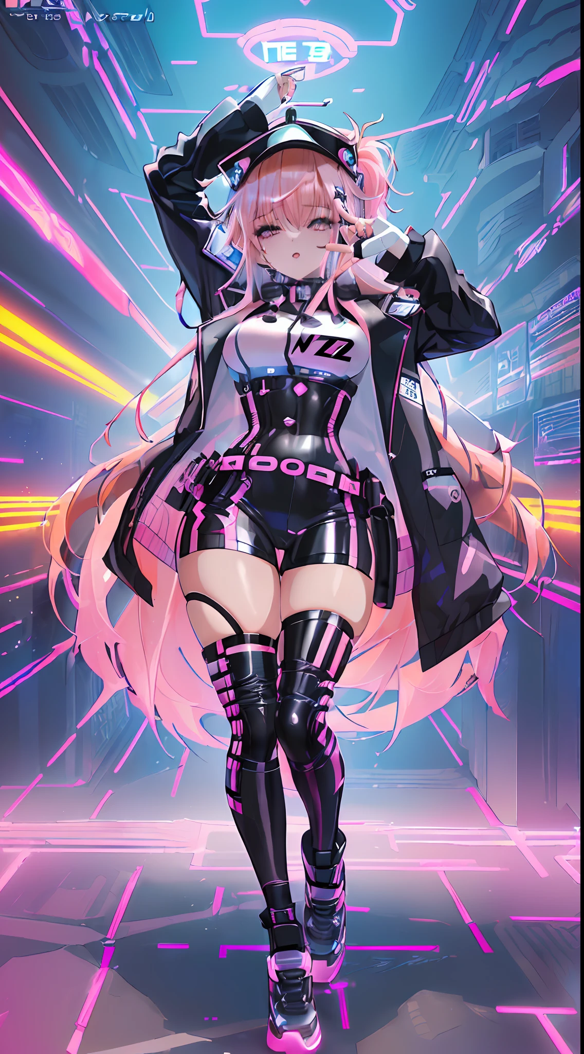 "(ultra-detailed CG illustration), best quality, masterpiece, dreamlike, beautiful, futuristic, neo city vibe, neon lights, night, high saturation, (1 girl with pink hair:1.3), (dancing:1.1), (K-pop:1.1) stylish, sexy, (sfw, appropriate for all ages), (Nicole Demara (zzz): 1.2)."