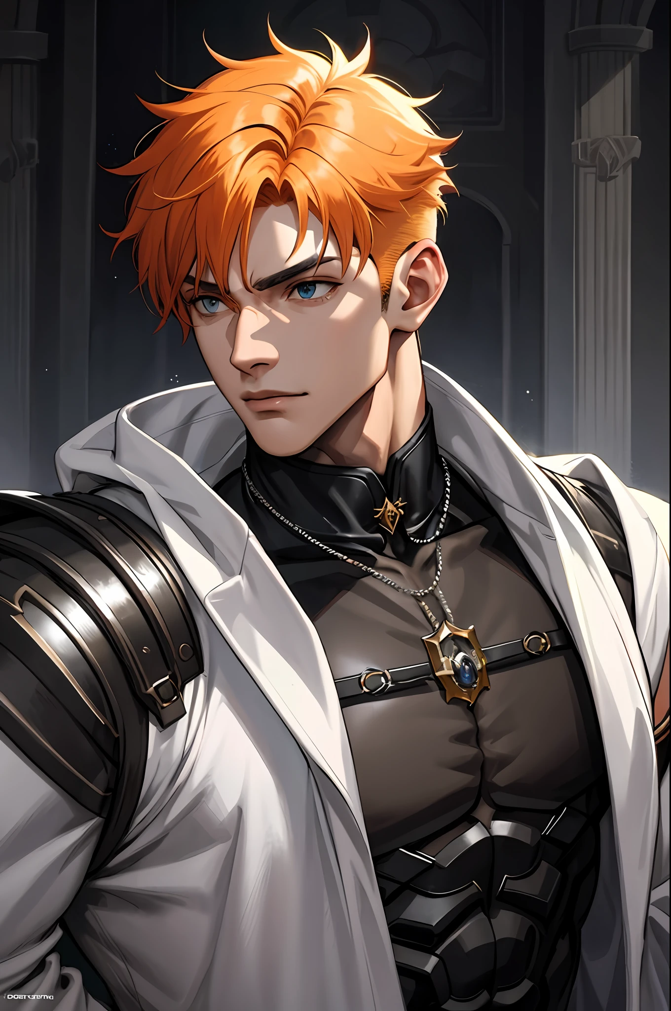 ((POV)), (1man), adult, male, murderer, standing still, ((solo)), (forehead), (buzzcut + topcut), short bangs, voluminous short hair, yellow-orange hair, handsome, serious, blue-eyed man, (((Big robe:1.5, gray robe))), (sleeveless black blouse), buttons, wide trapeze, bare shoulder, square chin, square head, random art, ((black cover with brox)), muscular, muscular arm:1.3, dark fantasy, medieval, ((ultra detailed face, cinematic, ultra detailed, concept art, illustration 4d, 16k))