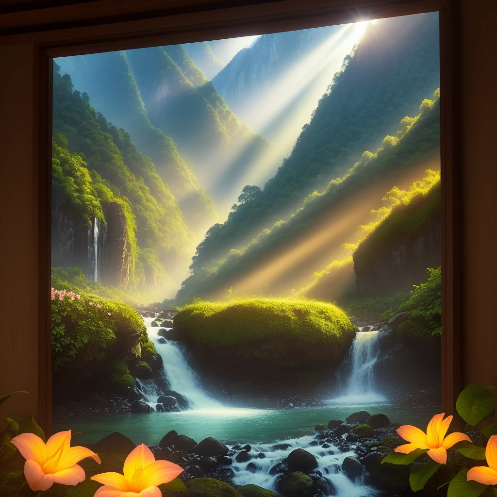 mountain valley, tropical forest, river, flowers, sunset, soft beams of light, soft shadows, flashlight