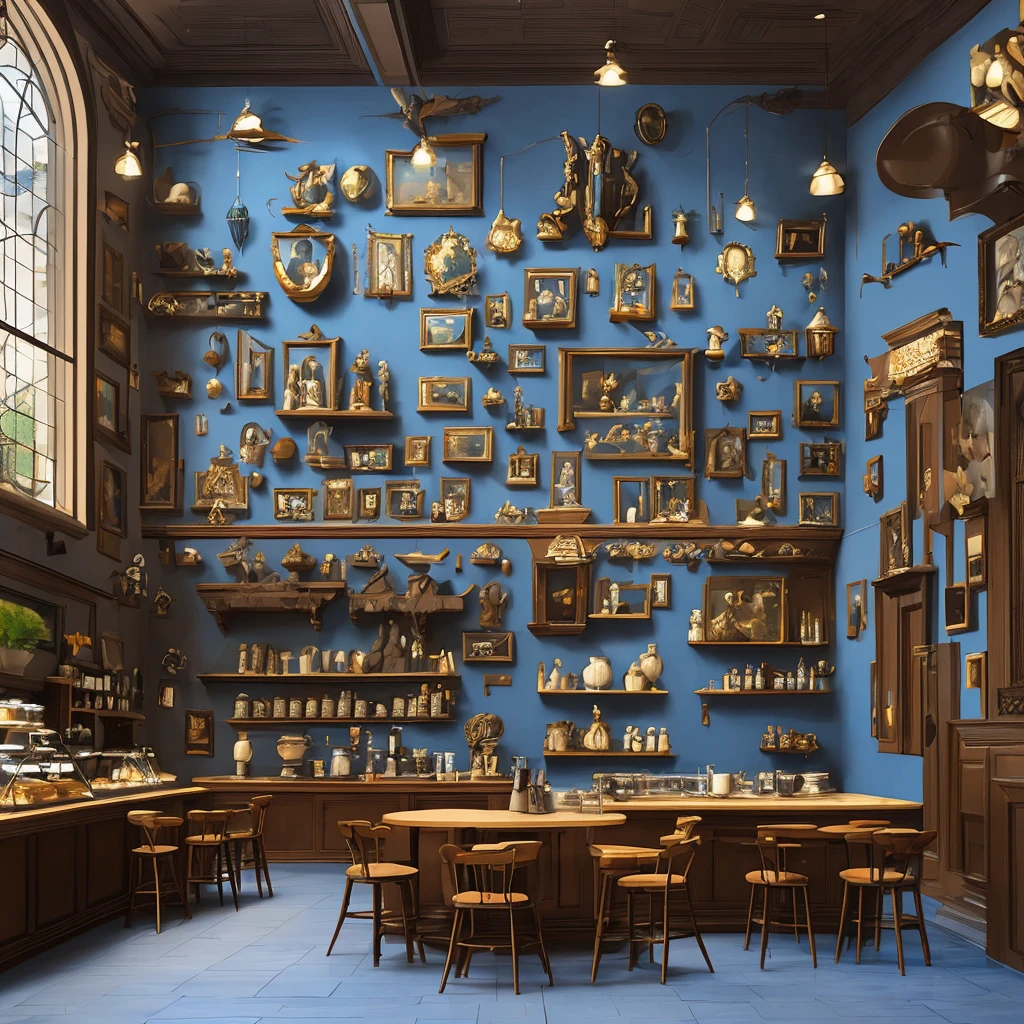 3-d model, coffee shop, blue and fancy, inspired by Leonardo da Vinci