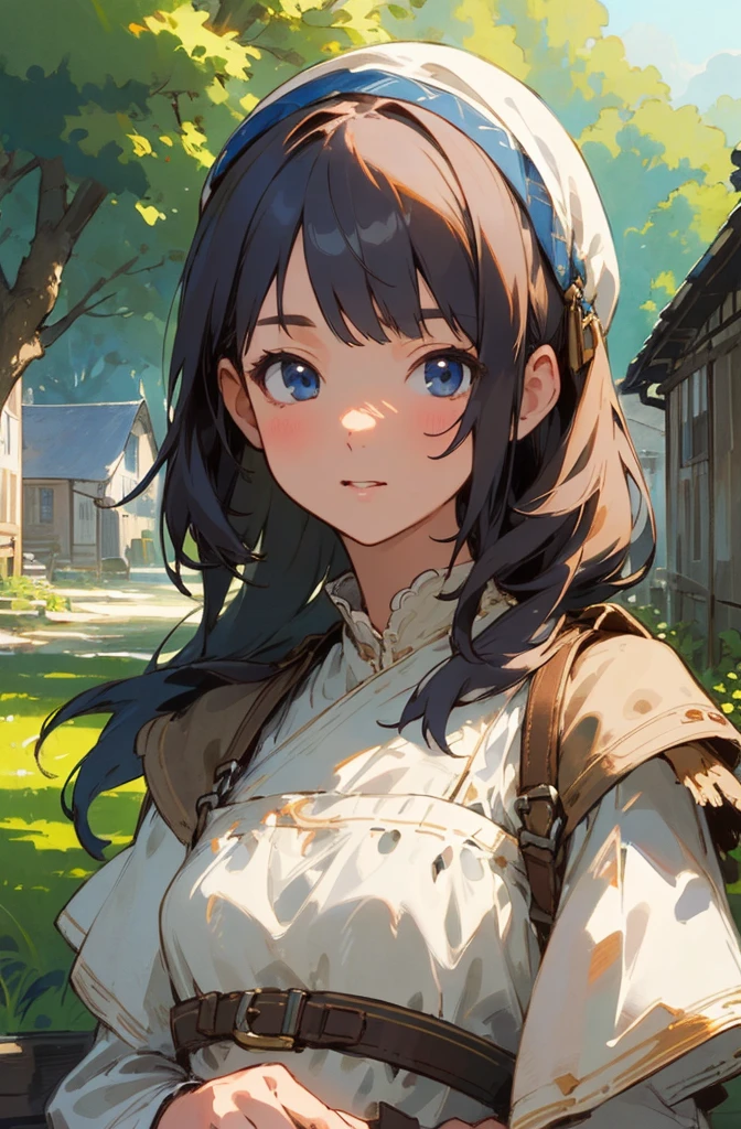 (masterpiece, best quality, ultra-detailed, illustration), beautiful face, perfect body, 1girl, solo, dress, straps, village, old houses, outdoors, folk, legends