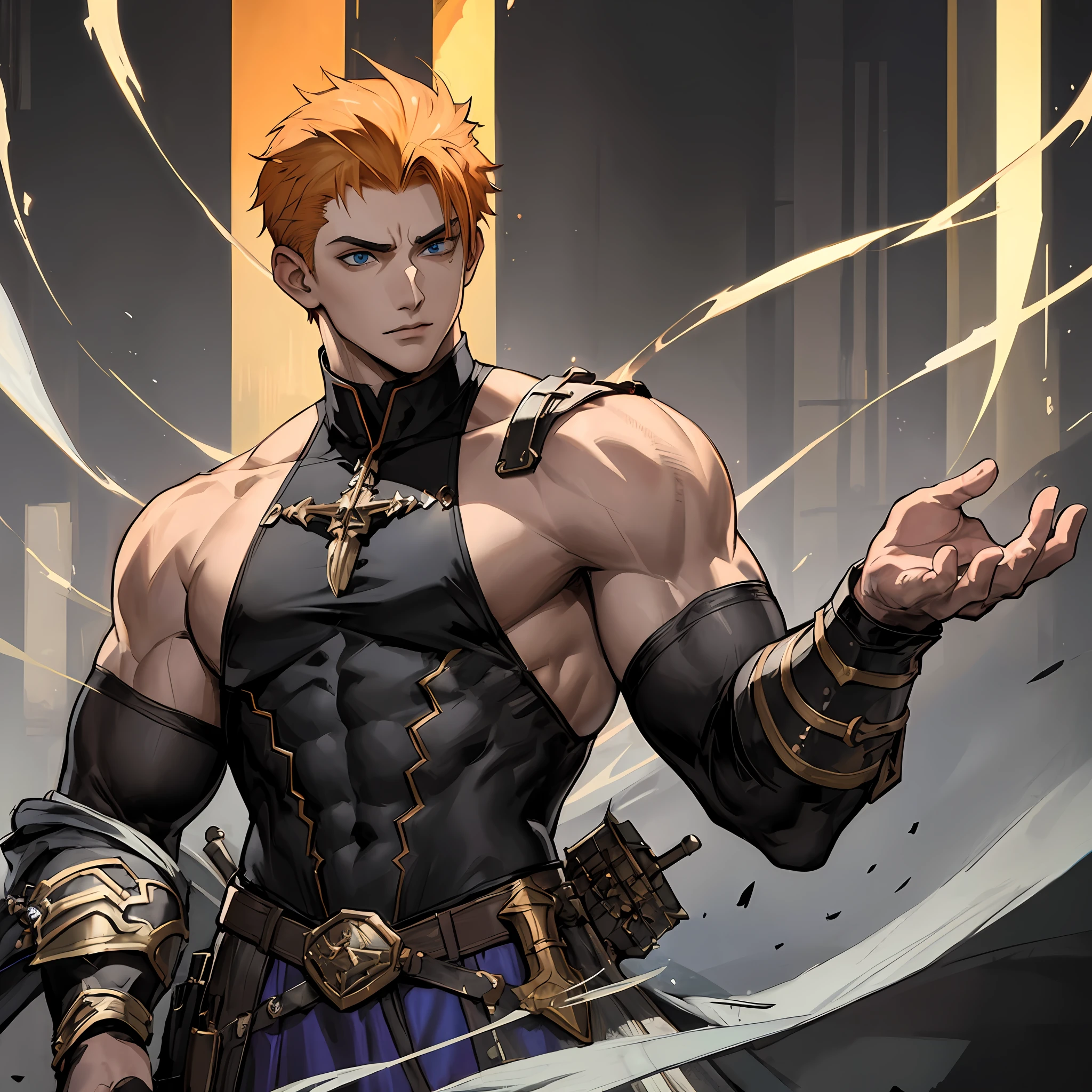 ((POV)), (1male), adult, male, murderer, standing still, ((solo)), (forehead), ((buzzcut + sidecut)), medium bangs, voluminous short hair, yellow-orange hair, handsome, serious man, blue eyes, ((((Large mantle:1.5, gray robe))), (sleeveless black blouse), buttons, wide trapeze, bare shoulder, square chin, square head, random art, ((black cover with brox)), muscular, muscular arm:0.8, dark fantasy, medieval, ((ultra detailed face,  cinematic, ultra detailed, concept art, illustration 4d, 16k))