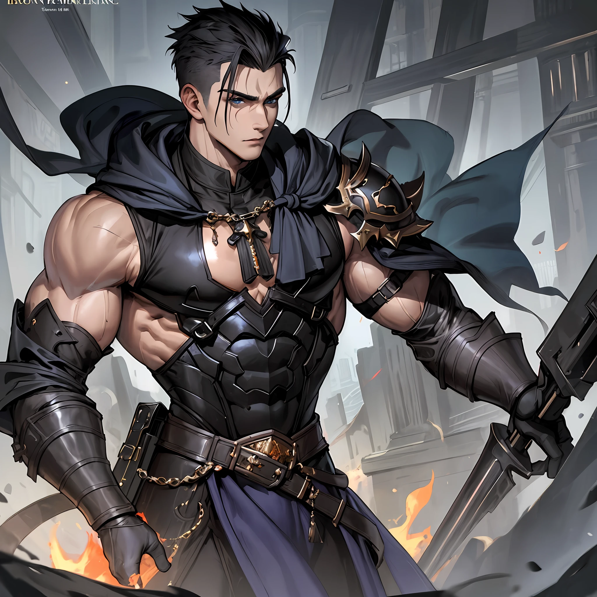 ((POV)), (1male), adult, male, murderer, standing still, ((solo)), (forehead), ((buzzcut + sidecut)), medium bangs, voluminous short hair, yellow-orange hair, handsome, serious man, blue eyes, ((((Large mantle:1.5, gray robe))), (sleeveless black blouse), buttons, wide trapeze, bare shoulder, square chin, square head, random art, ((black cover with brox)), muscular, muscular arm:0.8, dark fantasy, medieval, ((ultra detailed face,  cinematic, ultra detailed, concept art, illustration 4d, 16k))