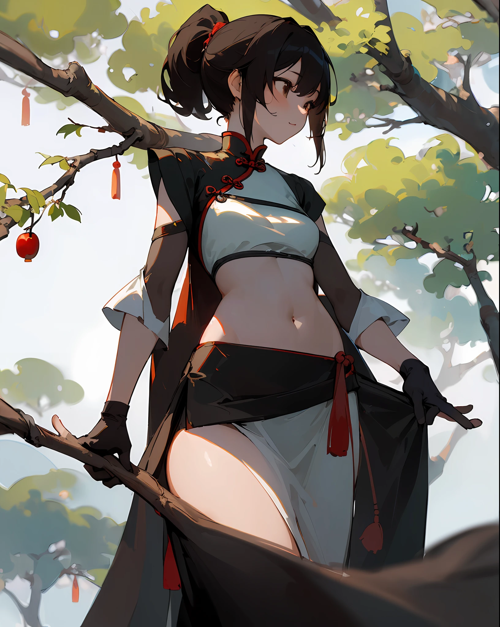 ((masterpiece, best quality)), 1 Chinese woman in kung-fu setin dress under a cherry tree, setin dress, gloves, brown eyes, white skin, tree shadows, thin toned body, ponytail, belly showing, sideview, proportional body