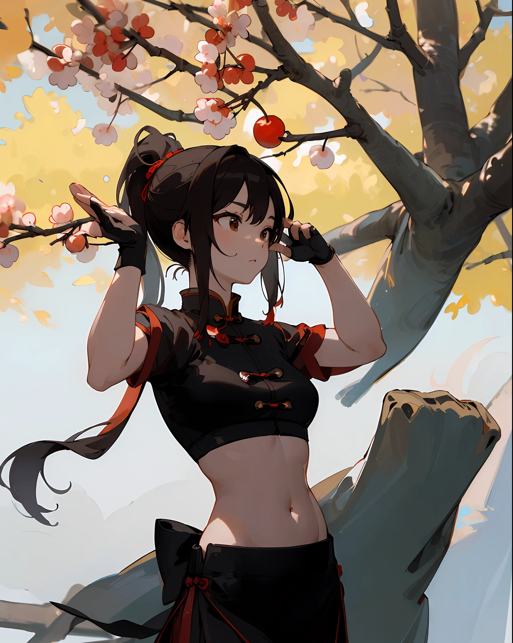 ((masterpiece, best quality)), 1 Chinese woman training kung-fu under a cherry tree, setin dress, gloves, brown eyes, white skin, tree shadows, thin toned body, ponytail, belly showing, sideview, proportional body