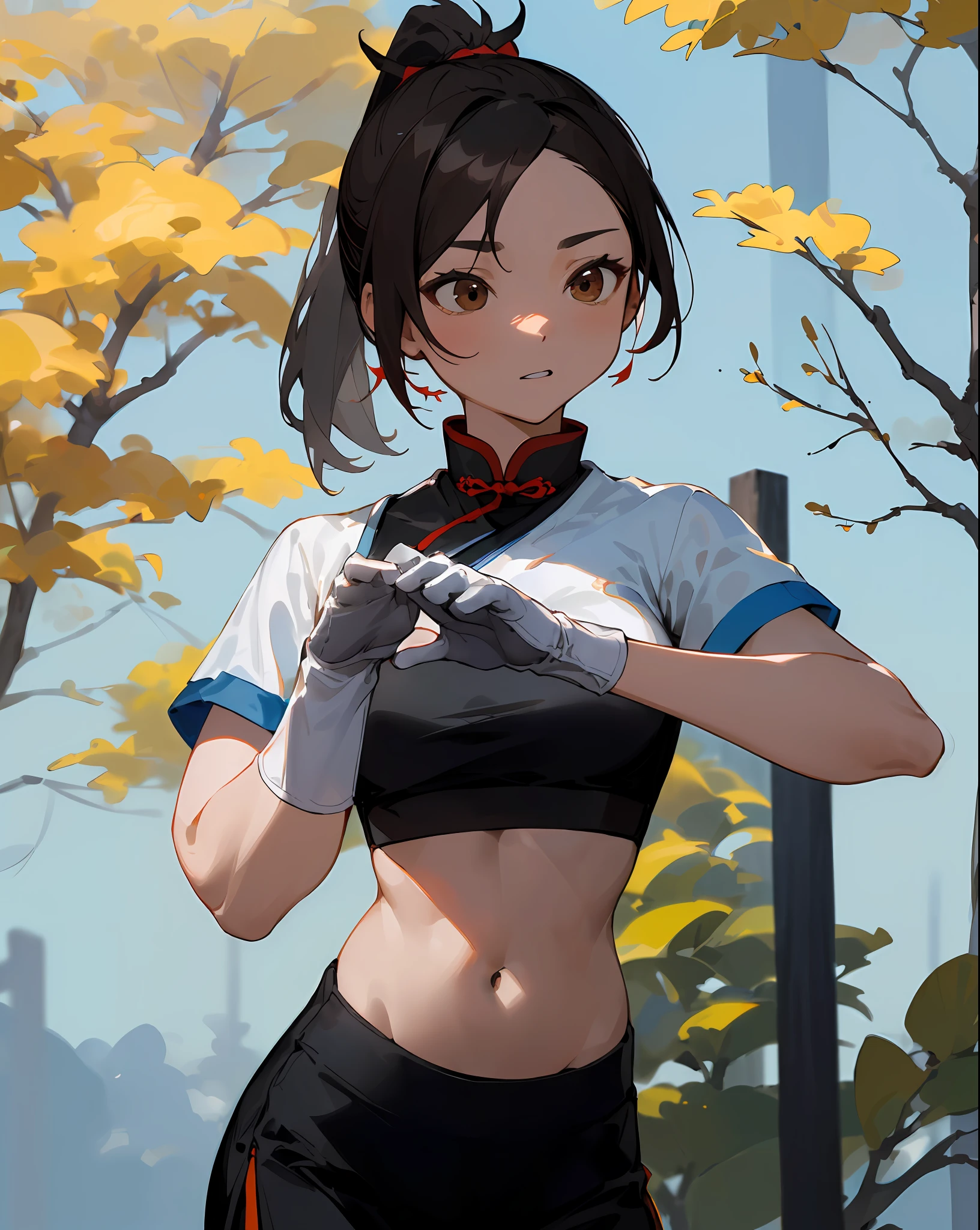 ((obra-prima, melhor qualidade)), 1 chinese woman training kung-fu under a cerejeira, setin dress, gloves, Brown eyes, white skin, tree shadows, thin toned body, ponytail, belly showing,