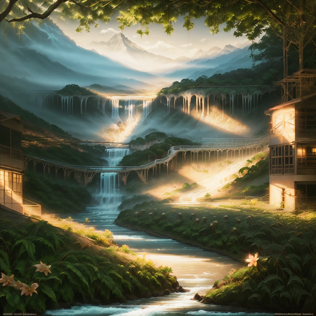 mountain valley, tropical forest, river, flowers, sunset, soft beams of light, soft shadows, flashlight