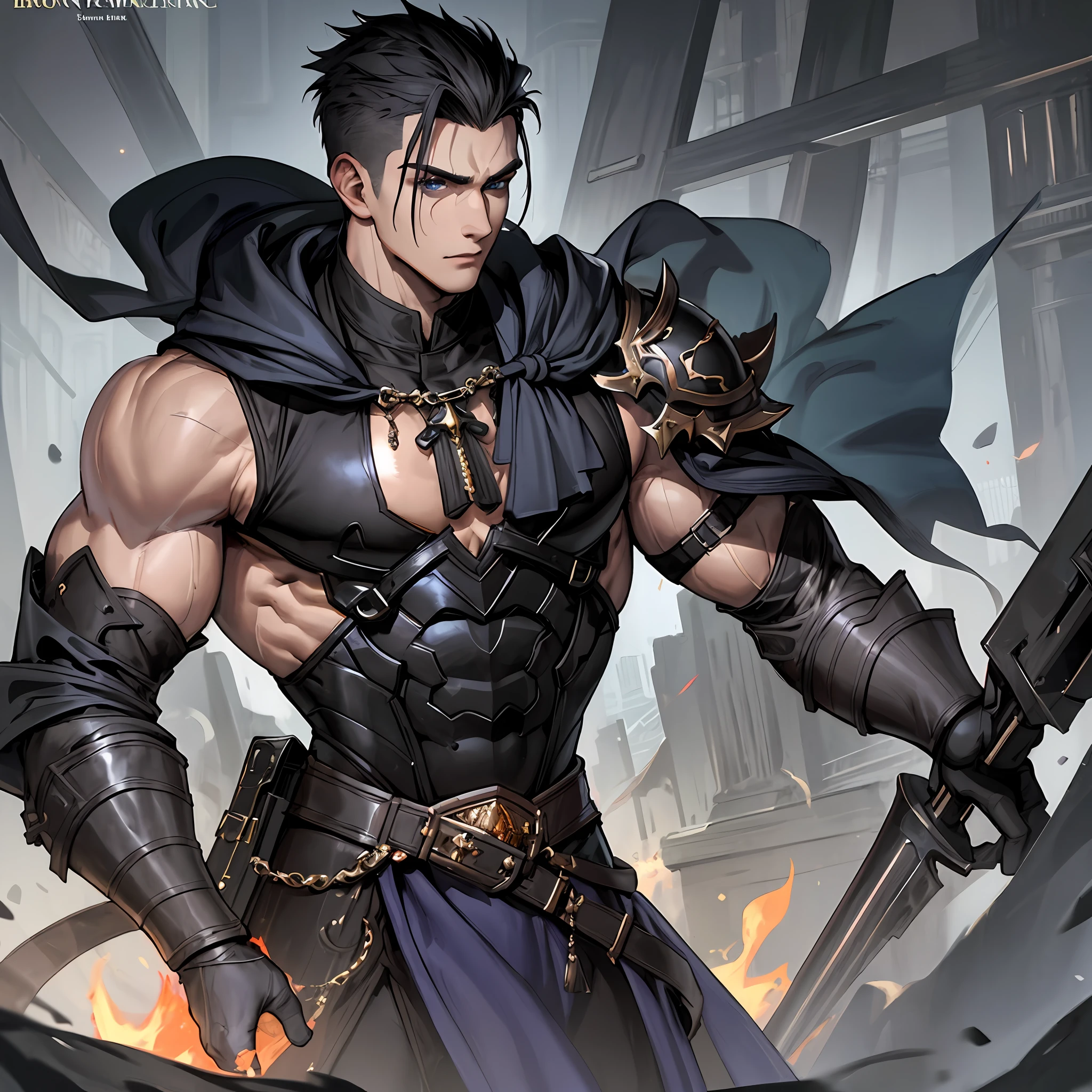 ((POV)), (1male), adult, male, murderous, standing still, ((solo)), (forehead), ((buzzcut + sidecut)), medium bangs, voluminous short hair, yellow-orange hair, handsome, serious man, blue eyes, ((((Big robe:, gray robe))), ((sleeveless black blouse)), buttons, wide trapeze, bare shoulder, square chin, square head, random art, ((black cover with broxe)), muscular, muscular arm:0.8, dark fantasy, medieval, ((ultra detailed face, cinematic, ultra detailed, concept art, illustration 4d, 16k))