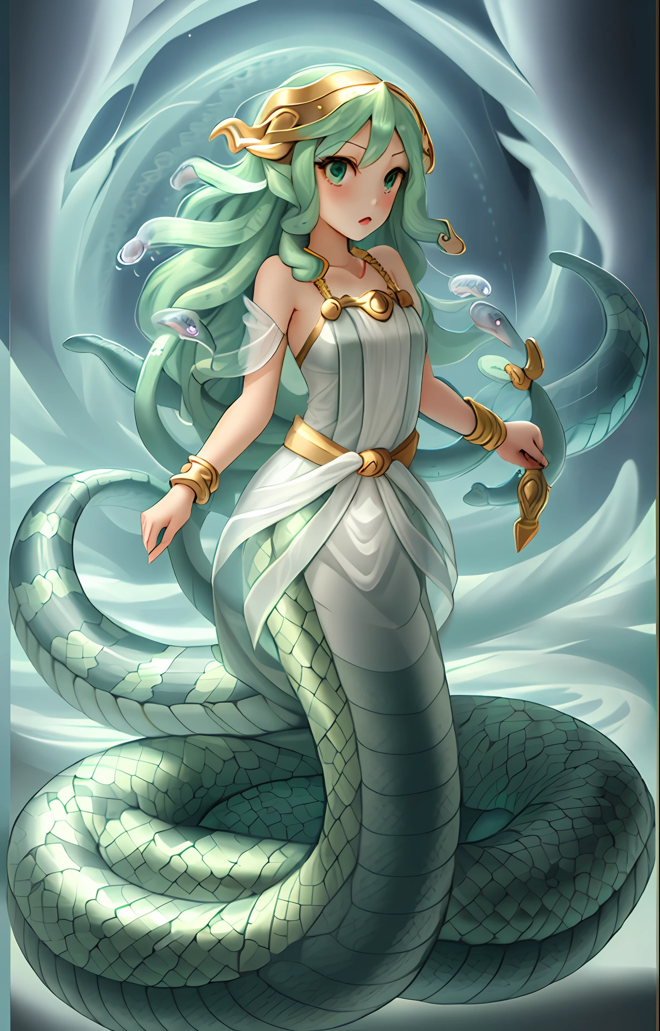 A cartoon image of a woman with a snake around her neck, Lamia, her many snakes like hair, beautiful female gorgon, queen of snakes, female jellyfish long hair, palutena, lady palutena, fierce jellyfish, snake woman, hybrid snake woman, gorgon, jellyfish, male jellyfish, zodiac girl knights, very sad jellyfish, chibi drawing style,  kawaii
