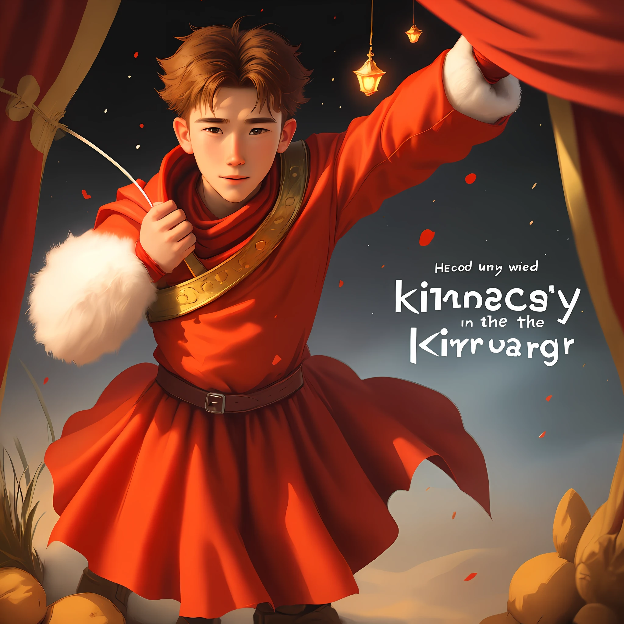 Hero-like character, with red cover, for children's book story with title The little King in the world of kindness