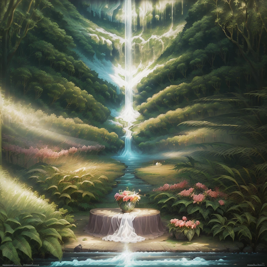 mountain valley, tropical forest, river, flowers, northern lights, soft beams of light, soft shadows, flashlight,Andre-Charles Boulle,Iryna Yermolova