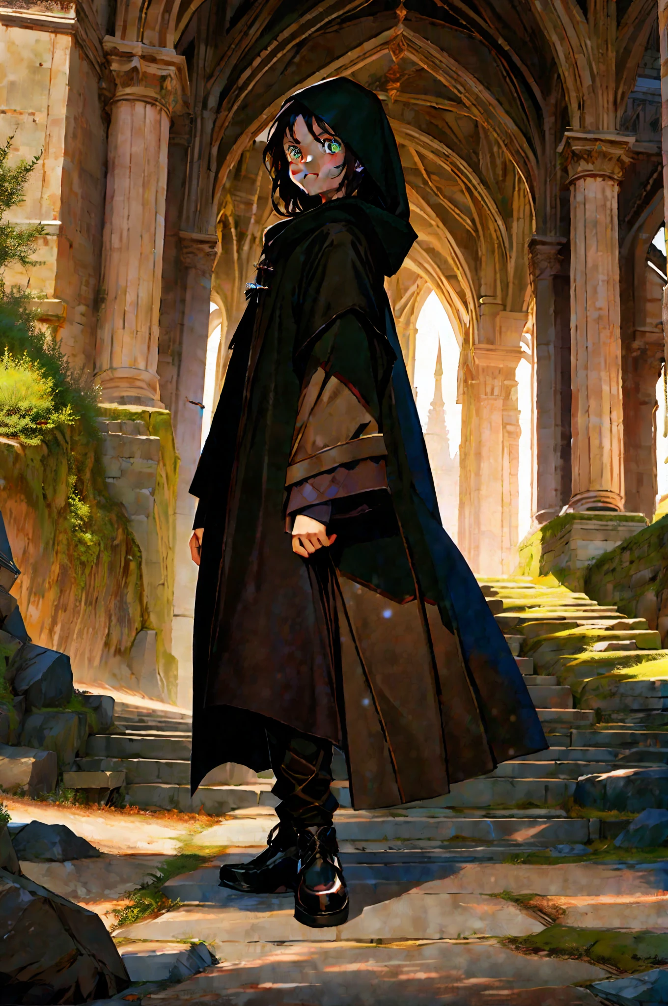 Magician, child, with brown hood and black and brown clothes, green eyes, black hair with darker tips, in the background a frightening castle on a cliff, a walking pose, a dark mood, with sparkle in the eyes
