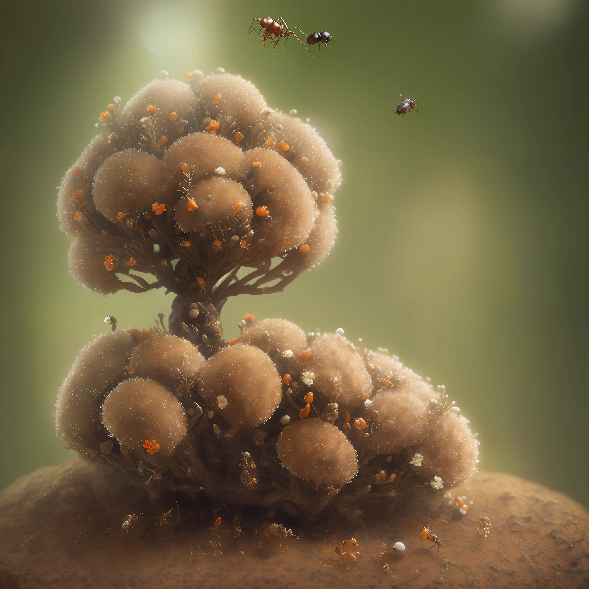 best quality, ultra high resolution, (photorealistic: 1.4), anthill, tree, beautiful, floral, ant, orange flowers, spot light