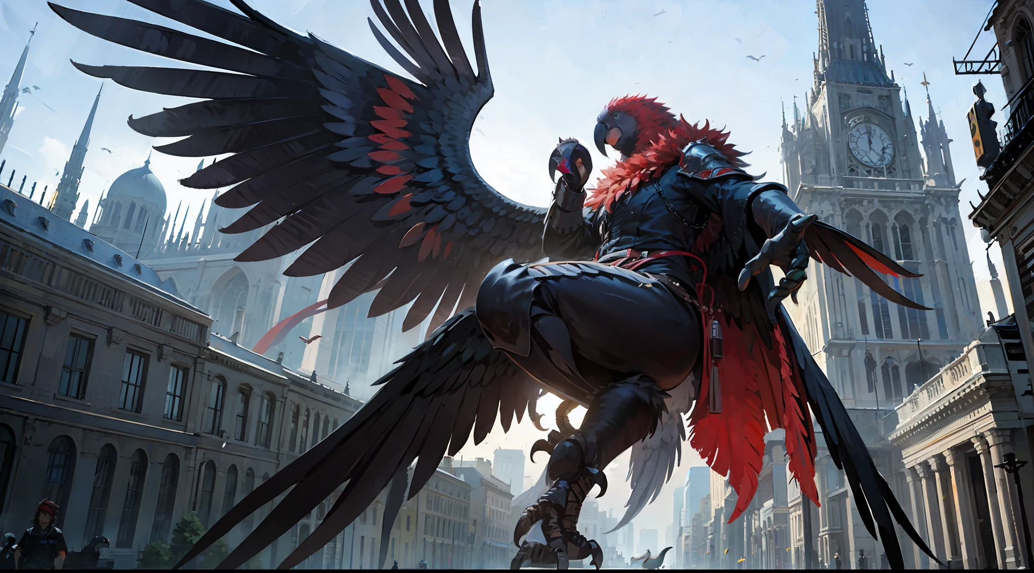 a giant parrot destroys a city, no human