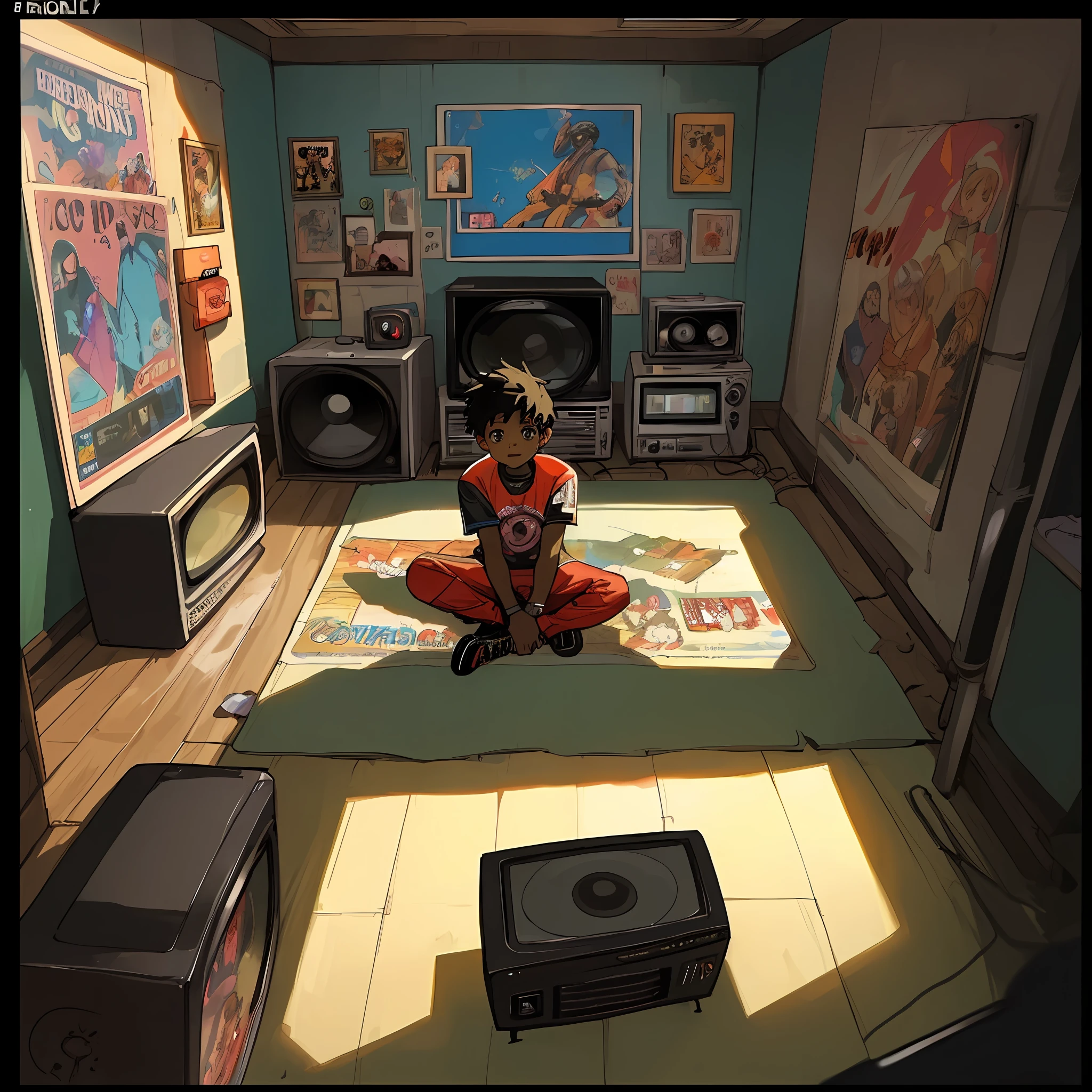 A young black boy, sitting on the floor, facing the TV, playing video games on an old tube TV, walls with posters of jopos and rock bands, comic books scattered on the floor, third-person view