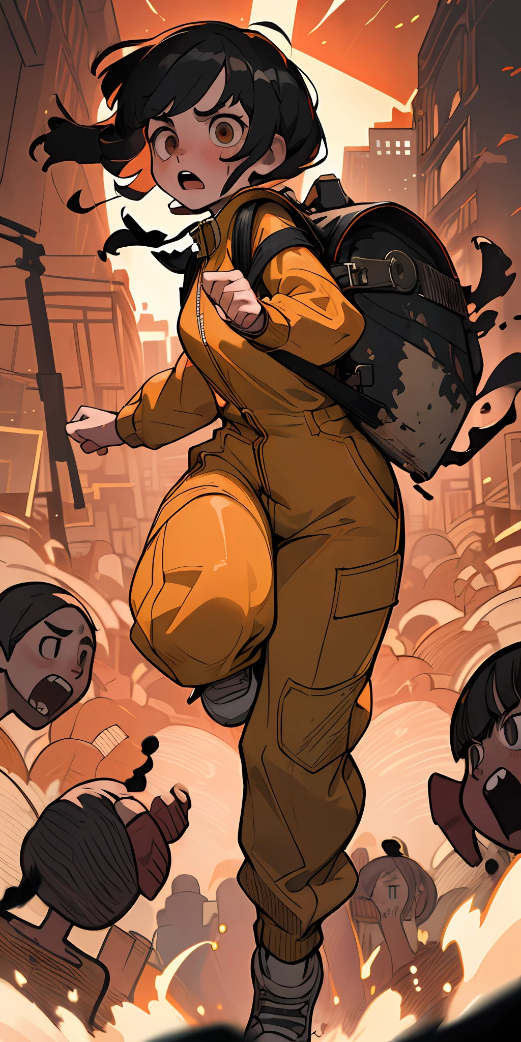 (best quality, masterpiece), 1girl, Burning city, evacuees, crowds, bangs, jumpsuit, running, Desperation, hopelessness, chaos, backpack, fear