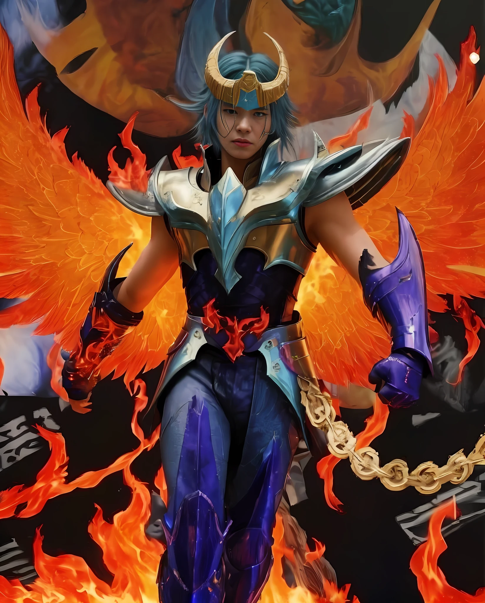 Young, knights of the zodiac, metallic armor, blue hair, wings of fire, anger on the face.