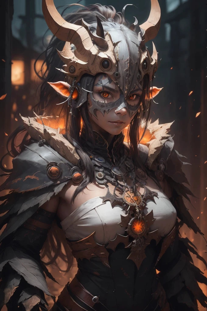 sh4g0d,
girl shaman, wearing mask made of wood, portrait, standing in an s-shape, orange ringlets,
