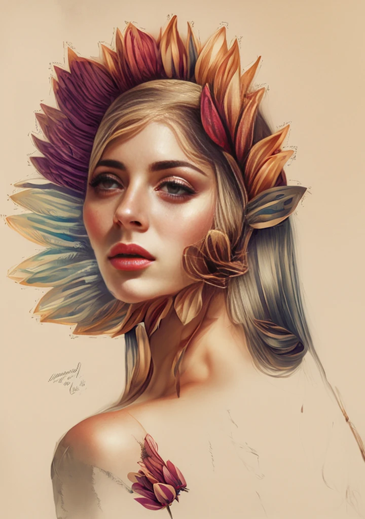 Charlie Bowater realistic Lithography sketch portrait of a woman, flowers, [gears], pipes, dieselpunk, multi-colored ribbons, old paper texture, highly detailed