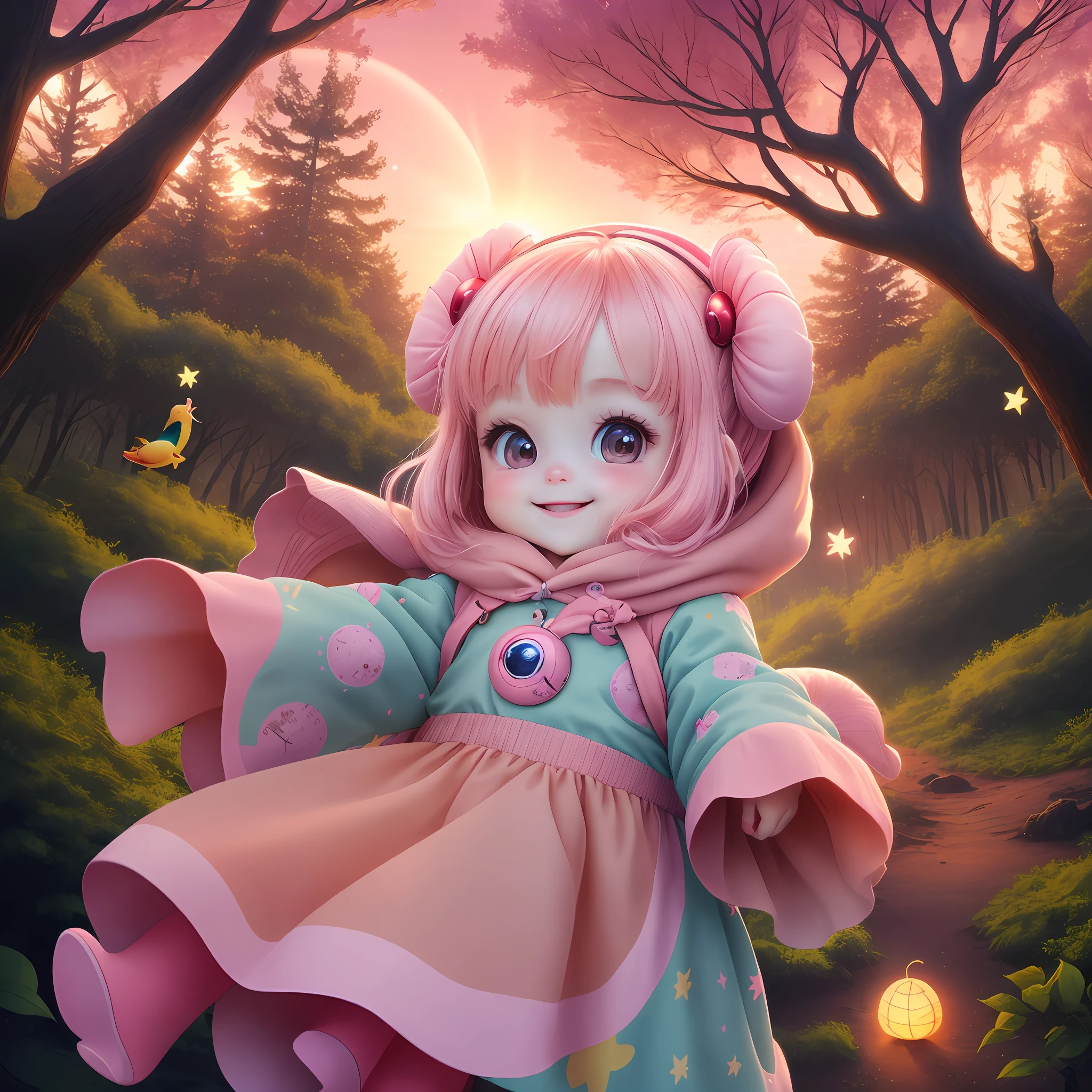 Alien, cute, enchanted forest, sunset, tree, bird in the sky, cute alien, masterpiece, 8k quality, smiling cute, pointing to birds, pink sky with red, star appearing, radiant light