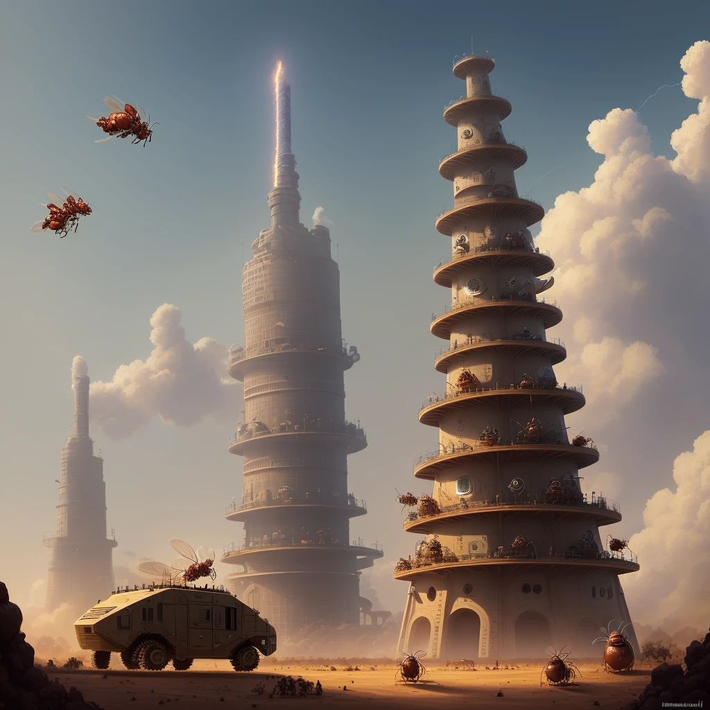 Anthill, mechanic, electricity, high tower, fire, metal, anthill, ants, insects, war, troops, army
