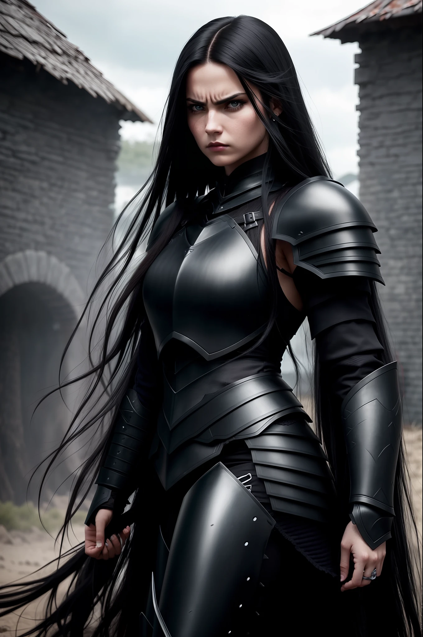 Woman wearing black armor long hair angry look dark eyes