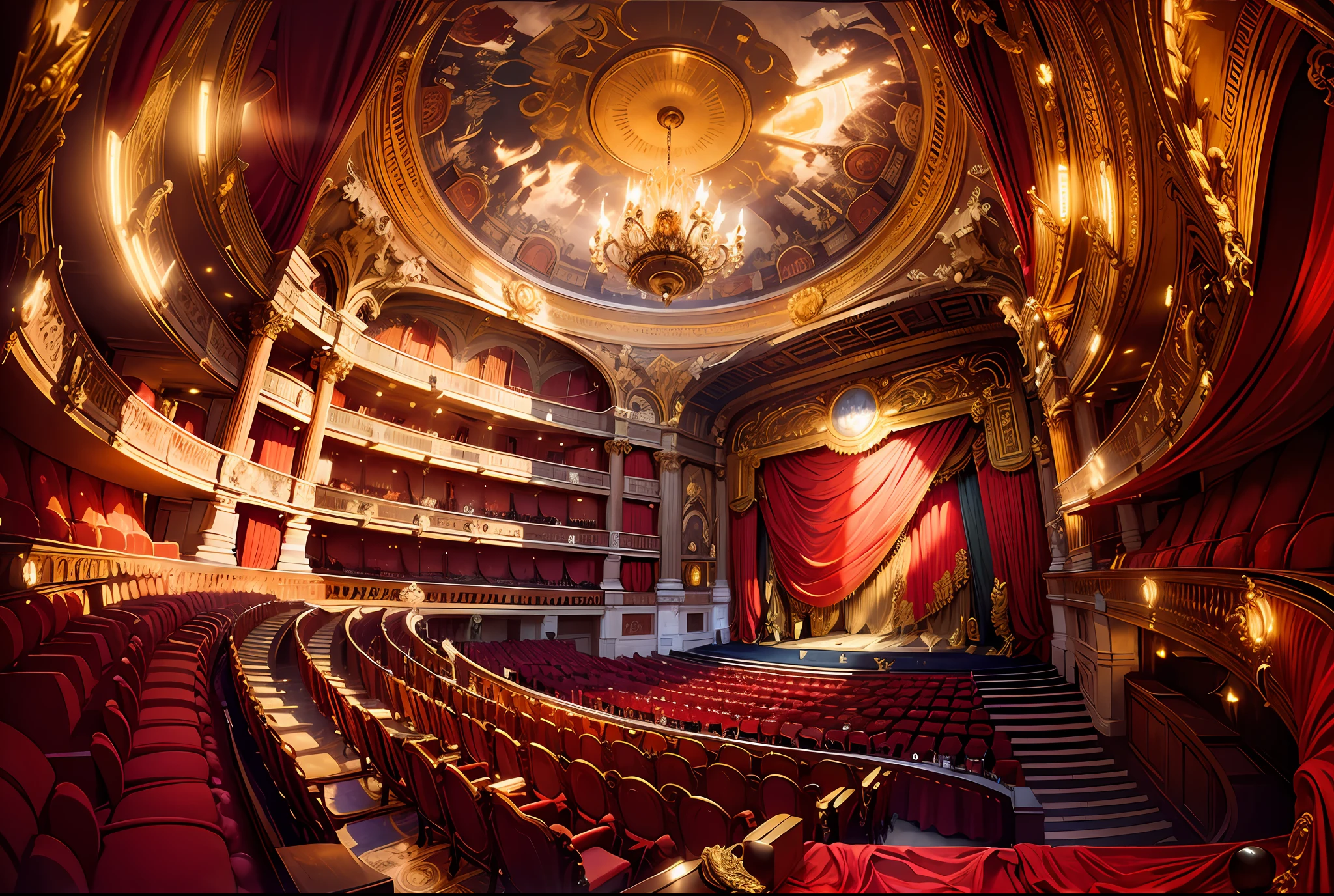 a professional photograph of a luxury renaissance Paris's grand opera house the L'Odeon, exquisite details and textures, classical ceiling painting, dramatic lighting, light shafts, red stage curtain, different perspectives