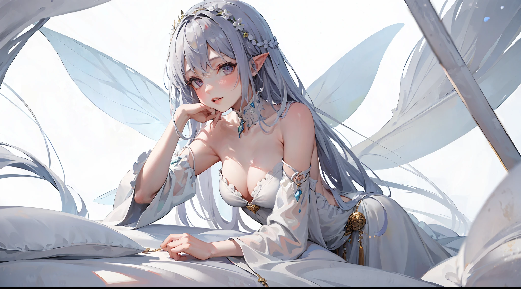 1girl, beautiful, fairy wings, intricate design, intricate clothing design, beautiful long dress, (character sheet), ((white background)), (no text)